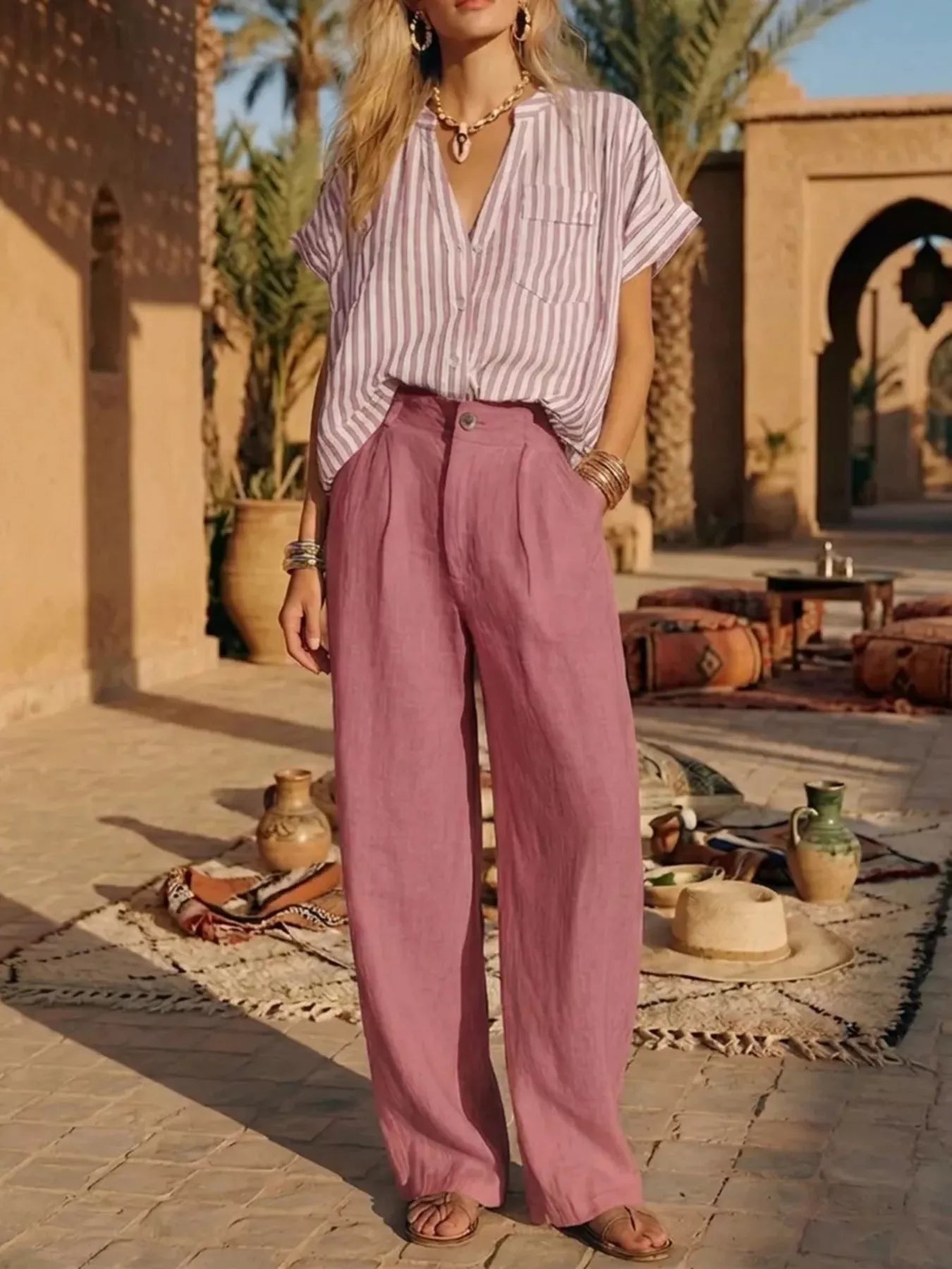 Full Size Striped Button Up Shirt and Pants Set Plus Size designed for comfort and style at Lookzlike