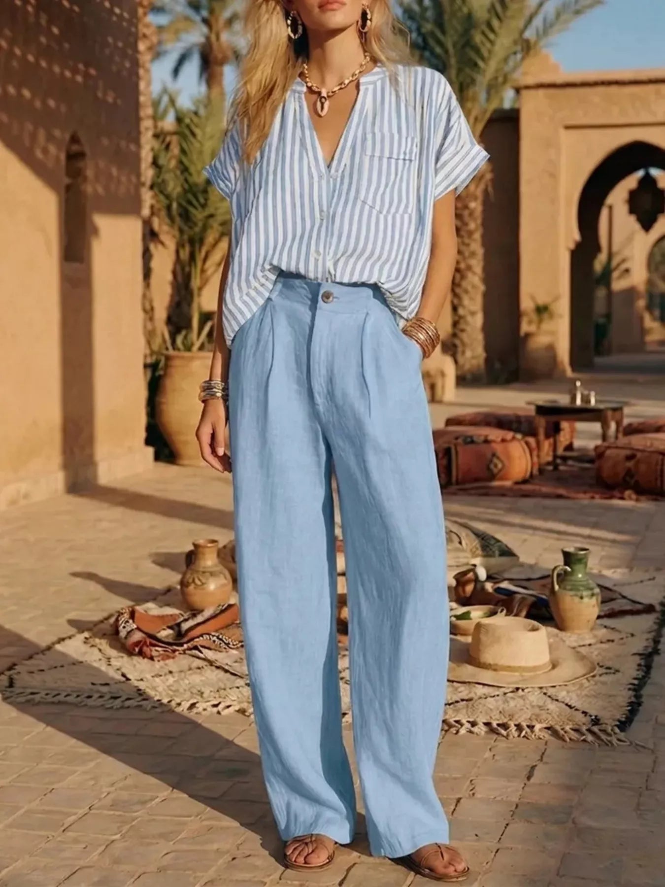 Full Size Striped Button Up Shirt and Pants Set Plus Size designed for comfort and style at Lookzlike