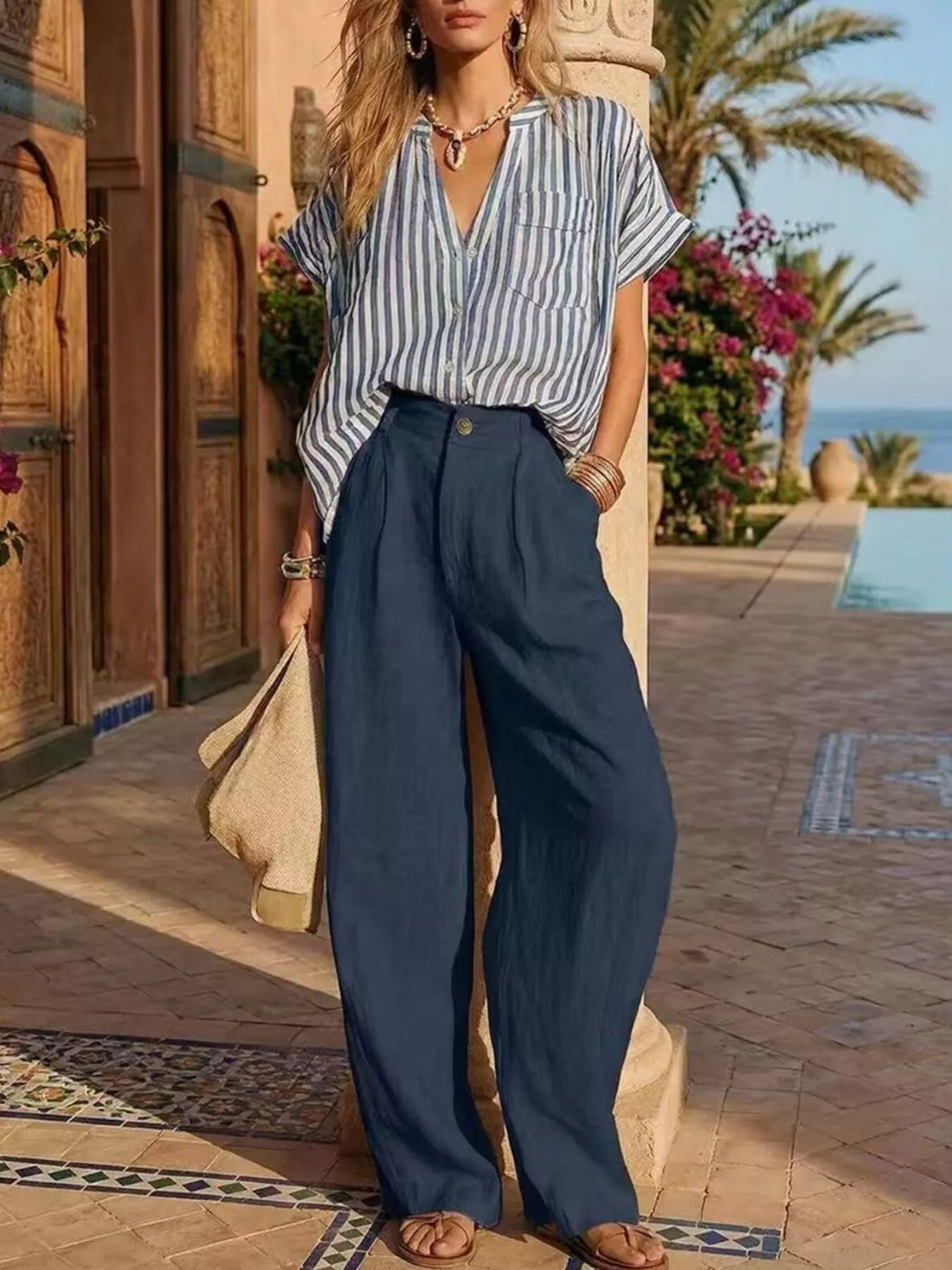 Full Size Striped Button Up Shirt and Pants Set Plus Size designed for comfort and style at Lookzlike
