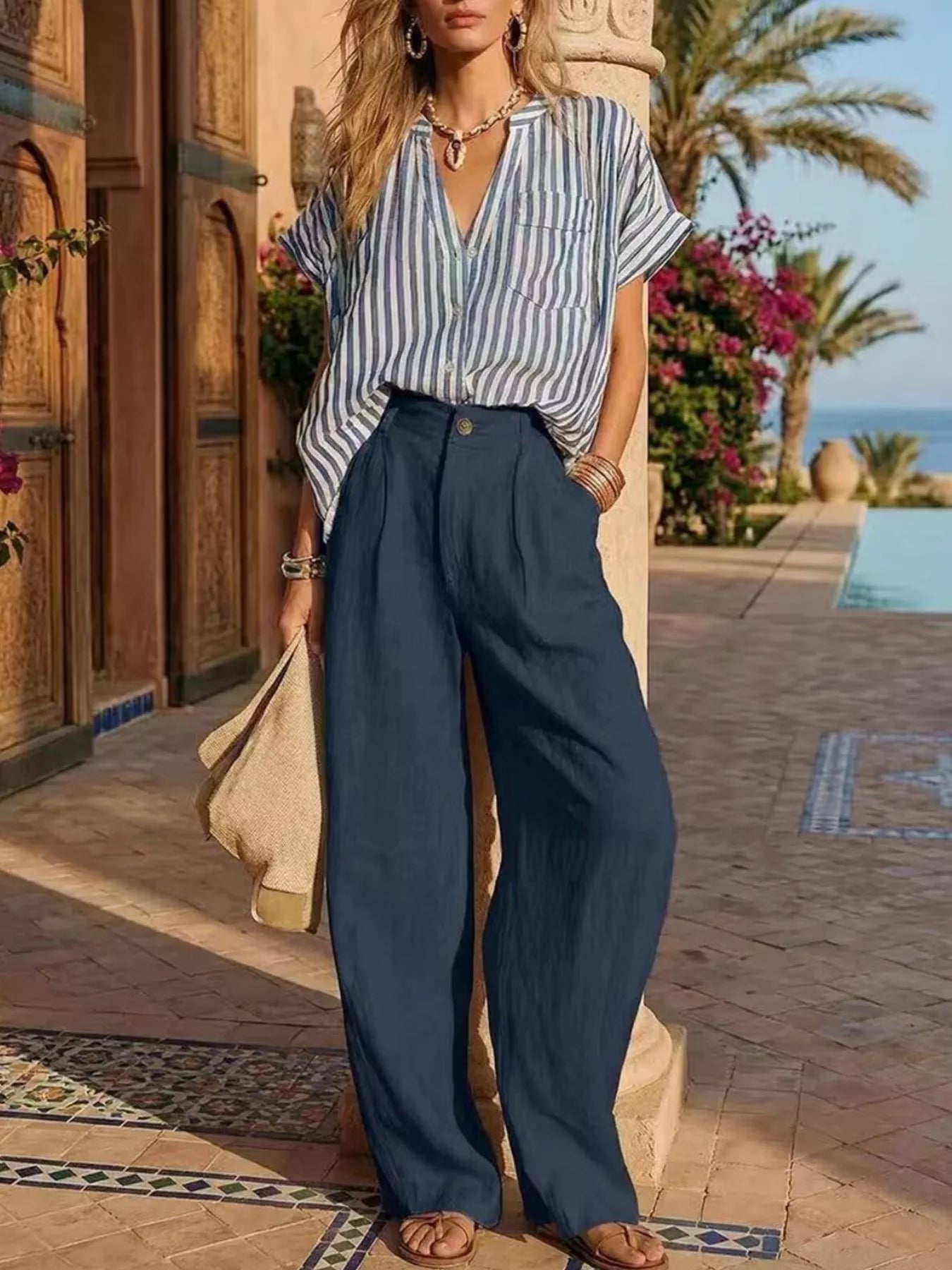 Full Size Striped Button Up Shirt and Pants Set Plus Size designed for comfort and style at Lookzlike