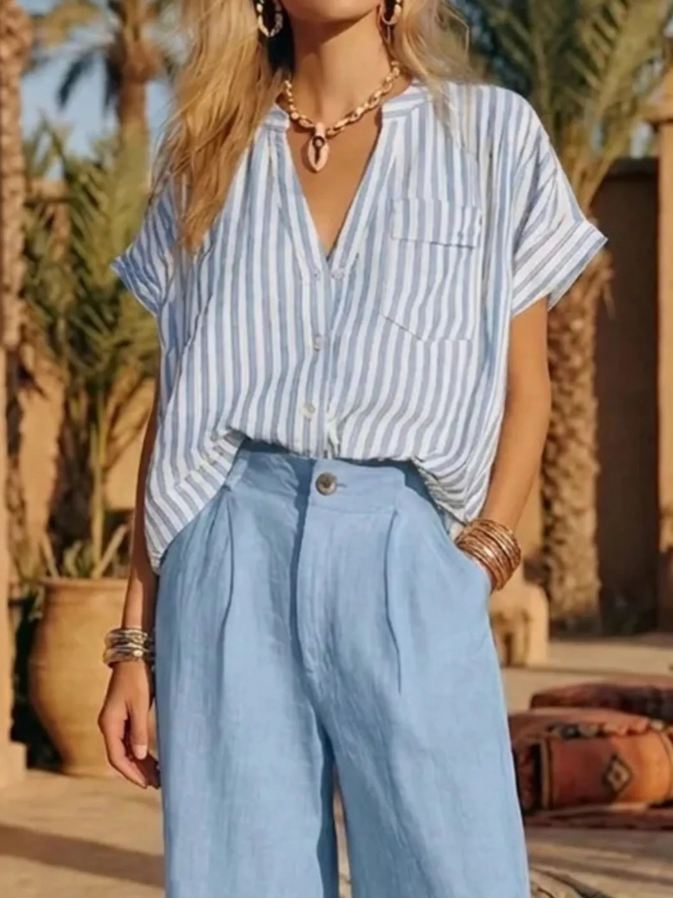 Full Size Striped Button Up Shirt and Pants Set Plus Size designed for comfort and style at Lookzlike