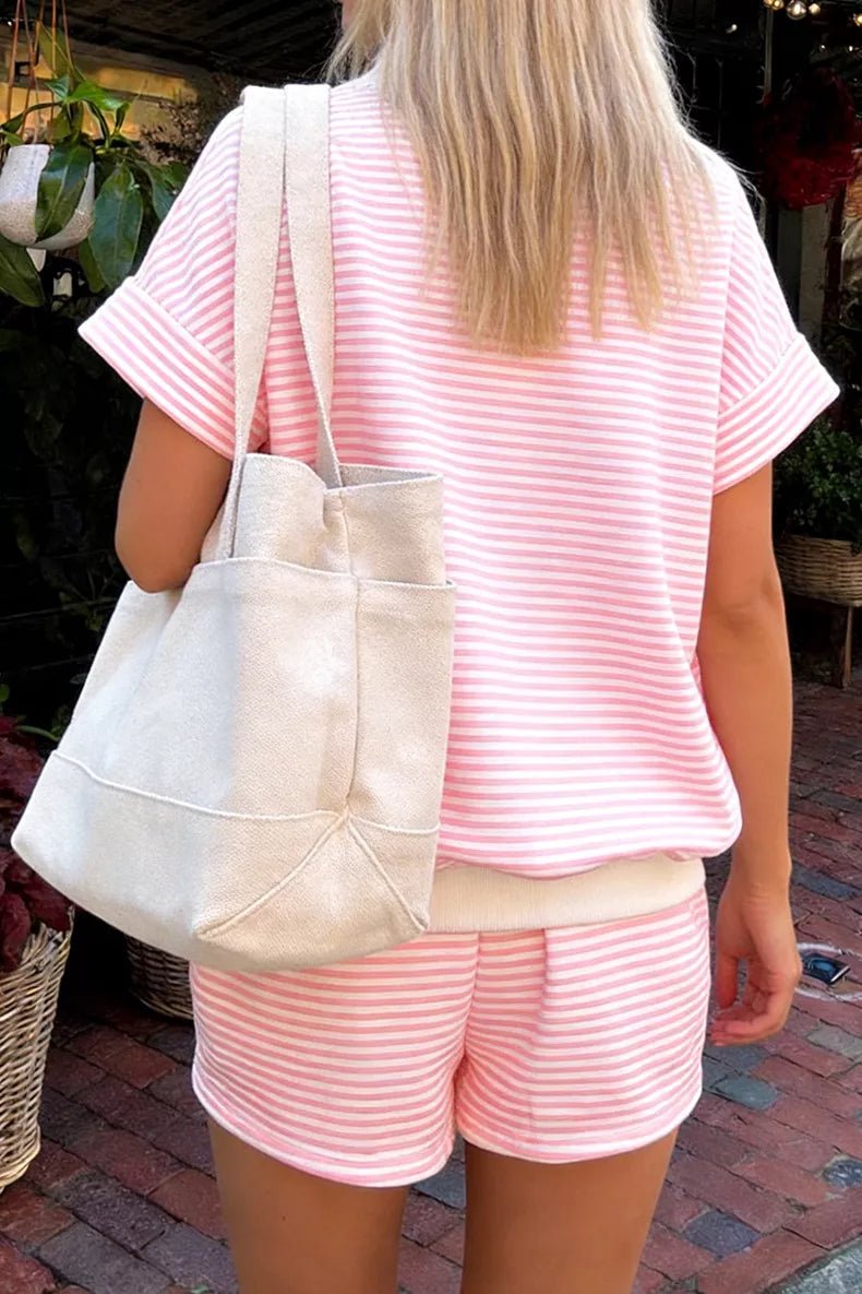 Full Size Striped Round Neck Tee and Shorts Set Plus Size designed for comfort and style at Lookzlike