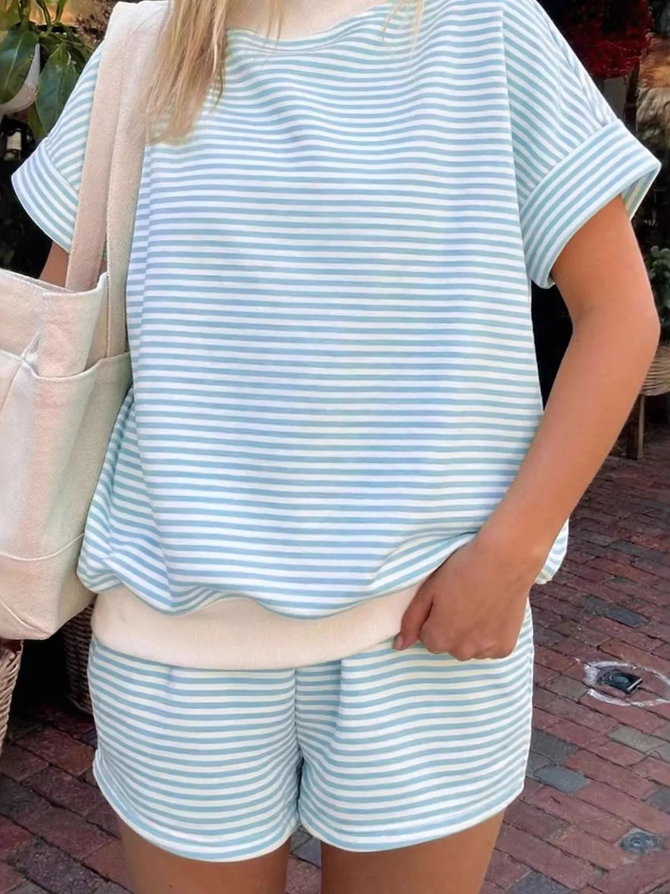 Full Size Striped Round Neck Tee and Shorts Set Plus Size designed for comfort and style at Lookzlike