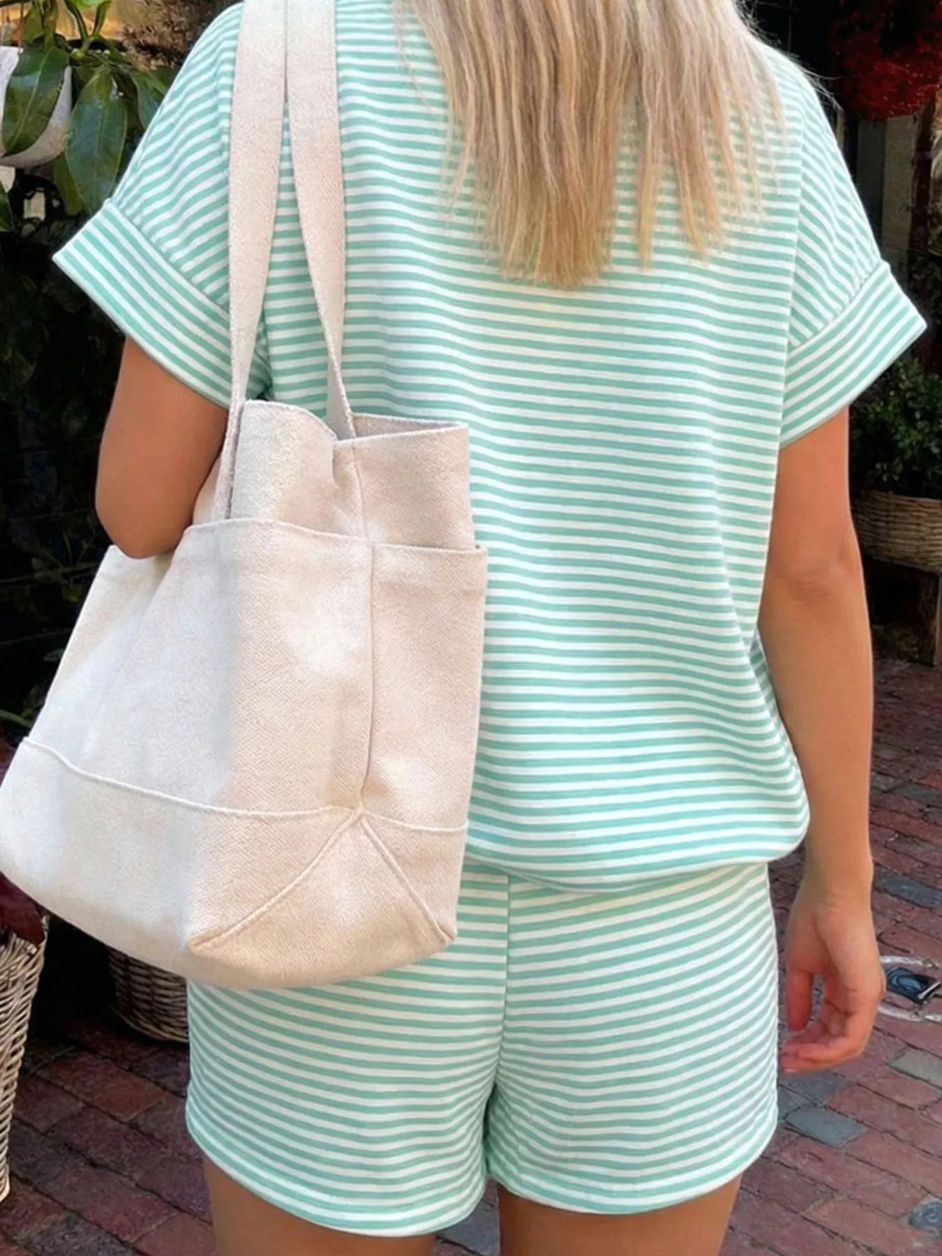 Full Size Striped Round Neck Tee and Shorts Set Plus Size designed for comfort and style at Lookzlike