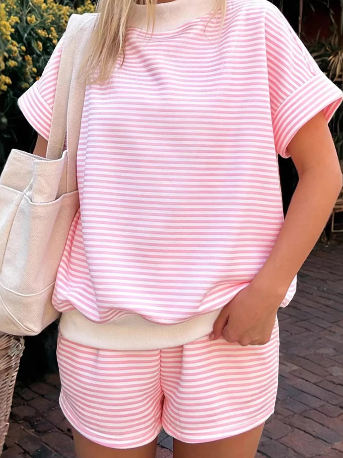 Full Size Striped Round Neck Tee and Shorts Set Plus Size designed for comfort and style at Lookzlike