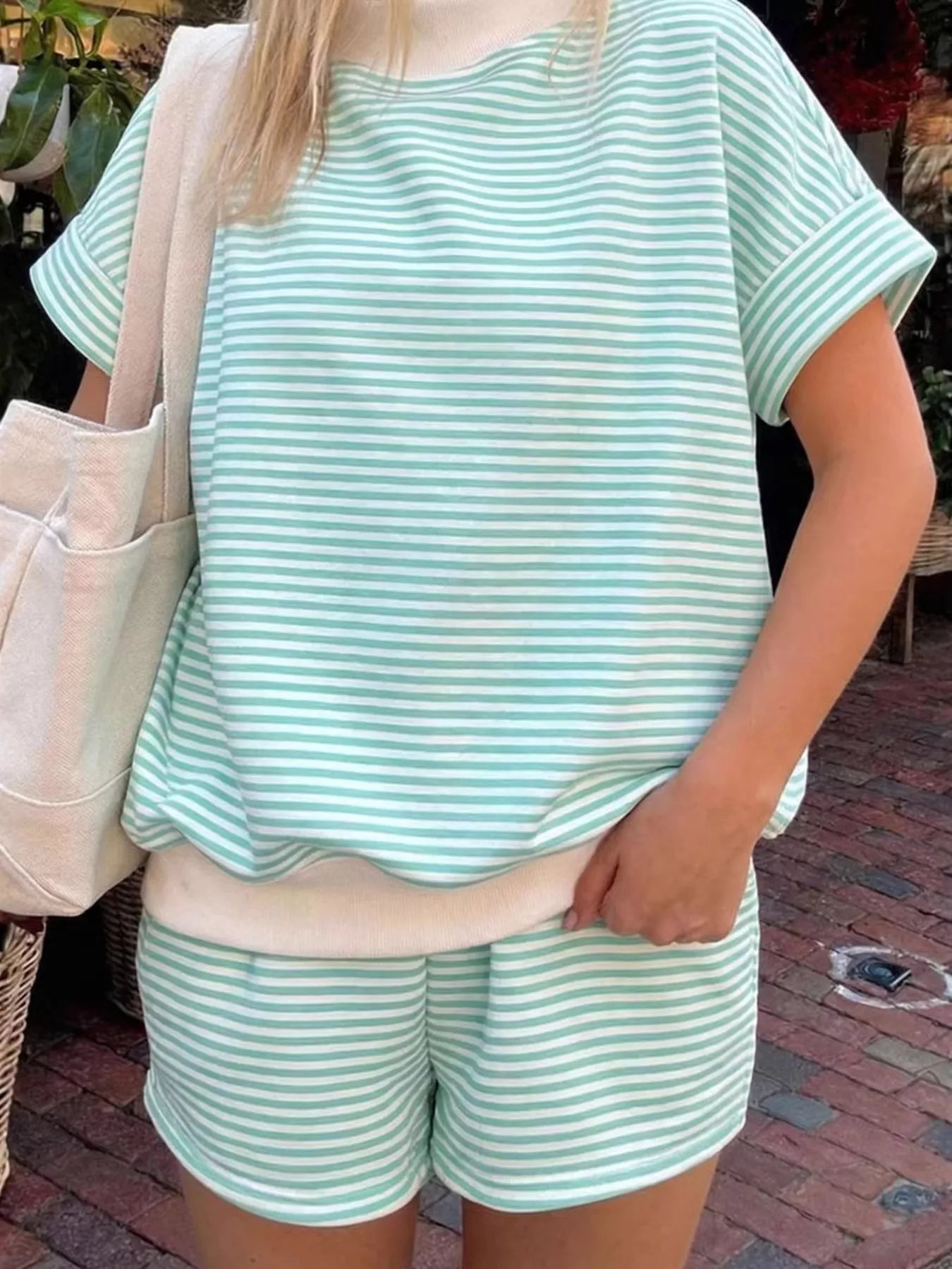 Full Size Striped Round Neck Tee and Shorts Set Plus Size designed for comfort and style at Lookzlike
