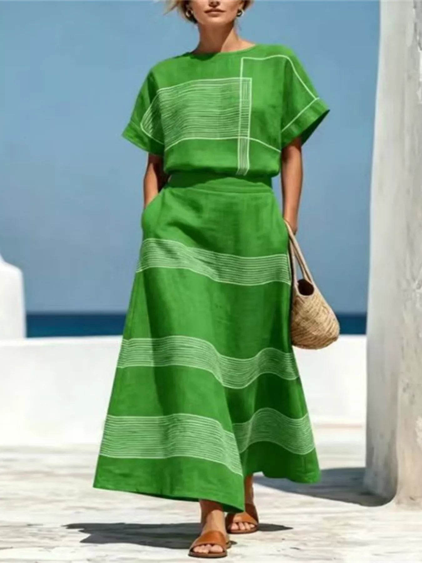 Full Size Striped Round Neck Top and Skirt Set Plus Size designed for comfort and style at Lookzlike