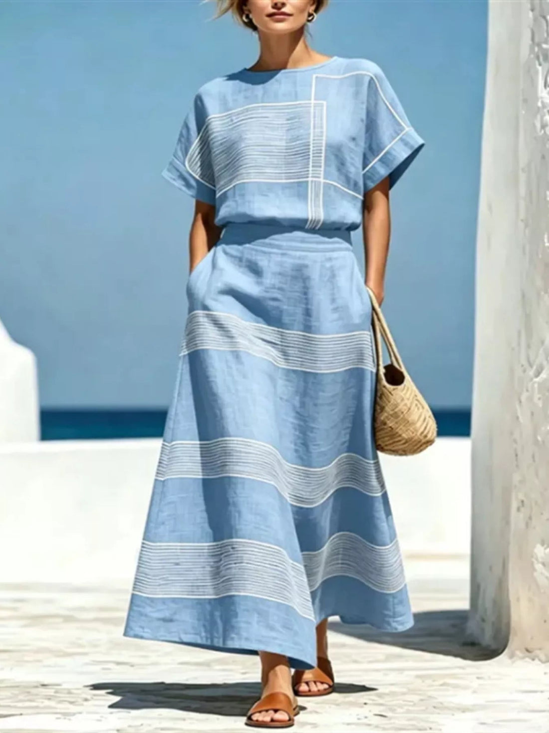 Full Size Striped Round Neck Top and Skirt Set Plus Size designed for comfort and style at Lookzlike