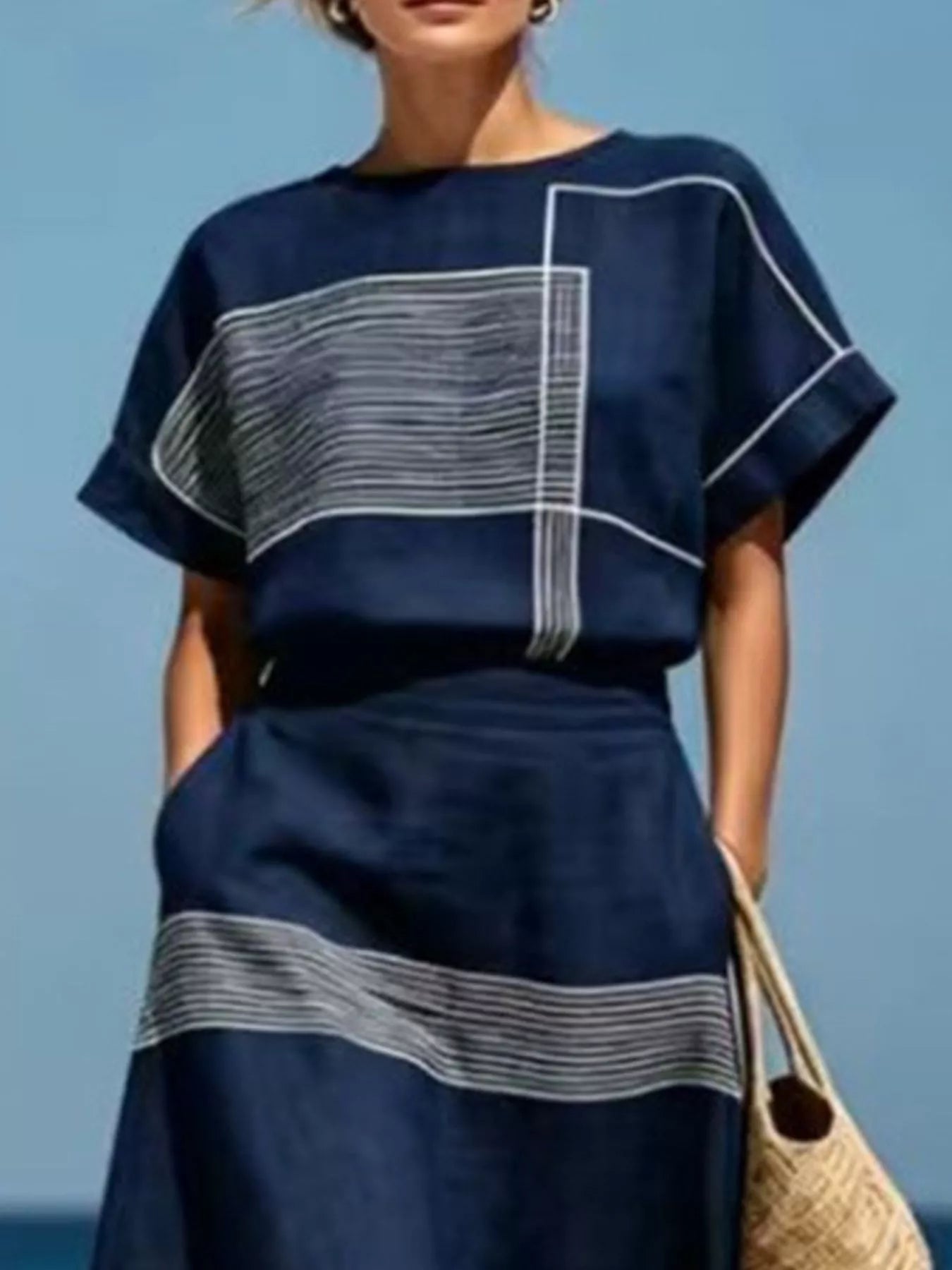 Full Size Striped Round Neck Top and Skirt Set Plus Size designed for comfort and style at Lookzlike