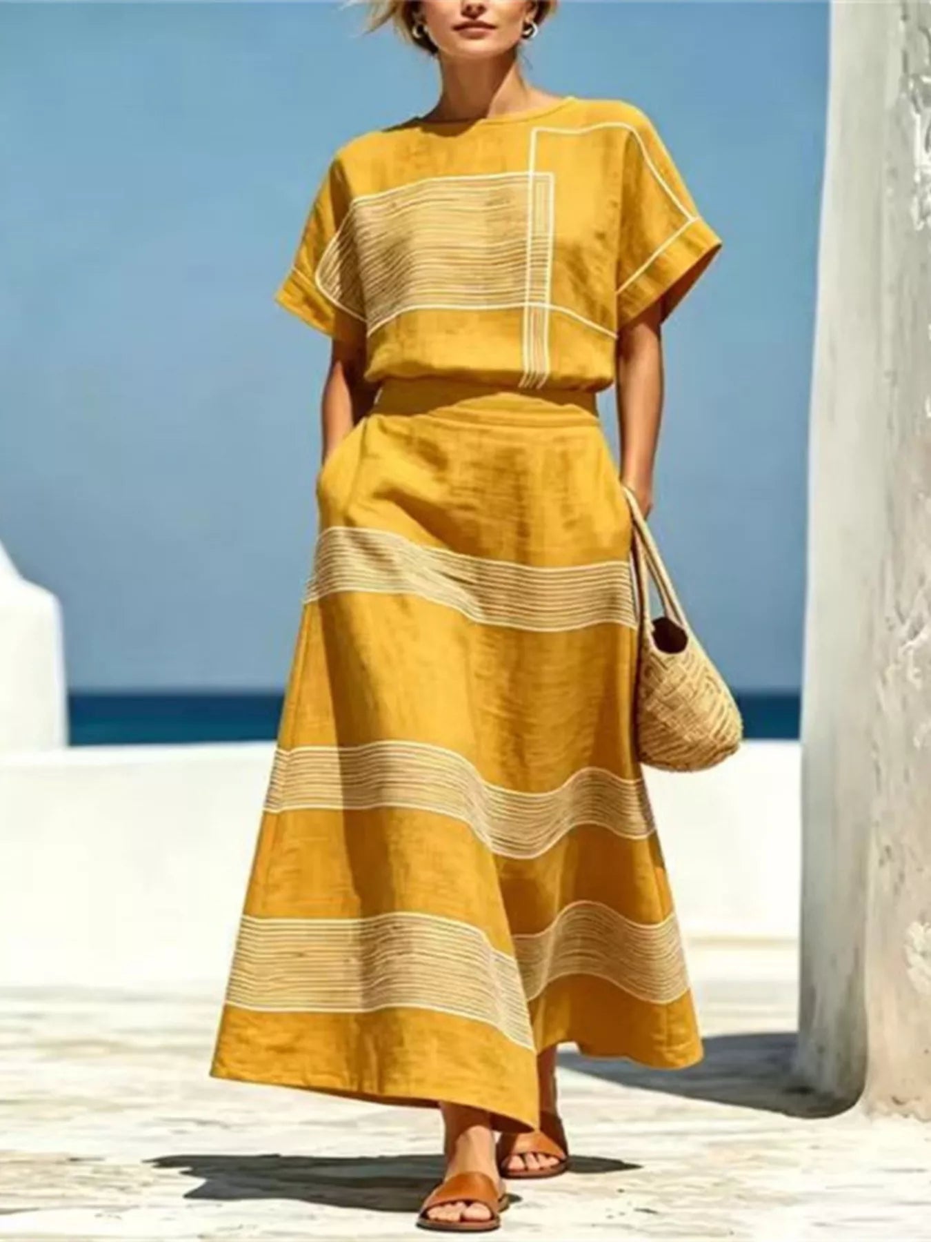 Full Size Striped Round Neck Top and Skirt Set Plus Size designed for comfort and style at Lookzlike