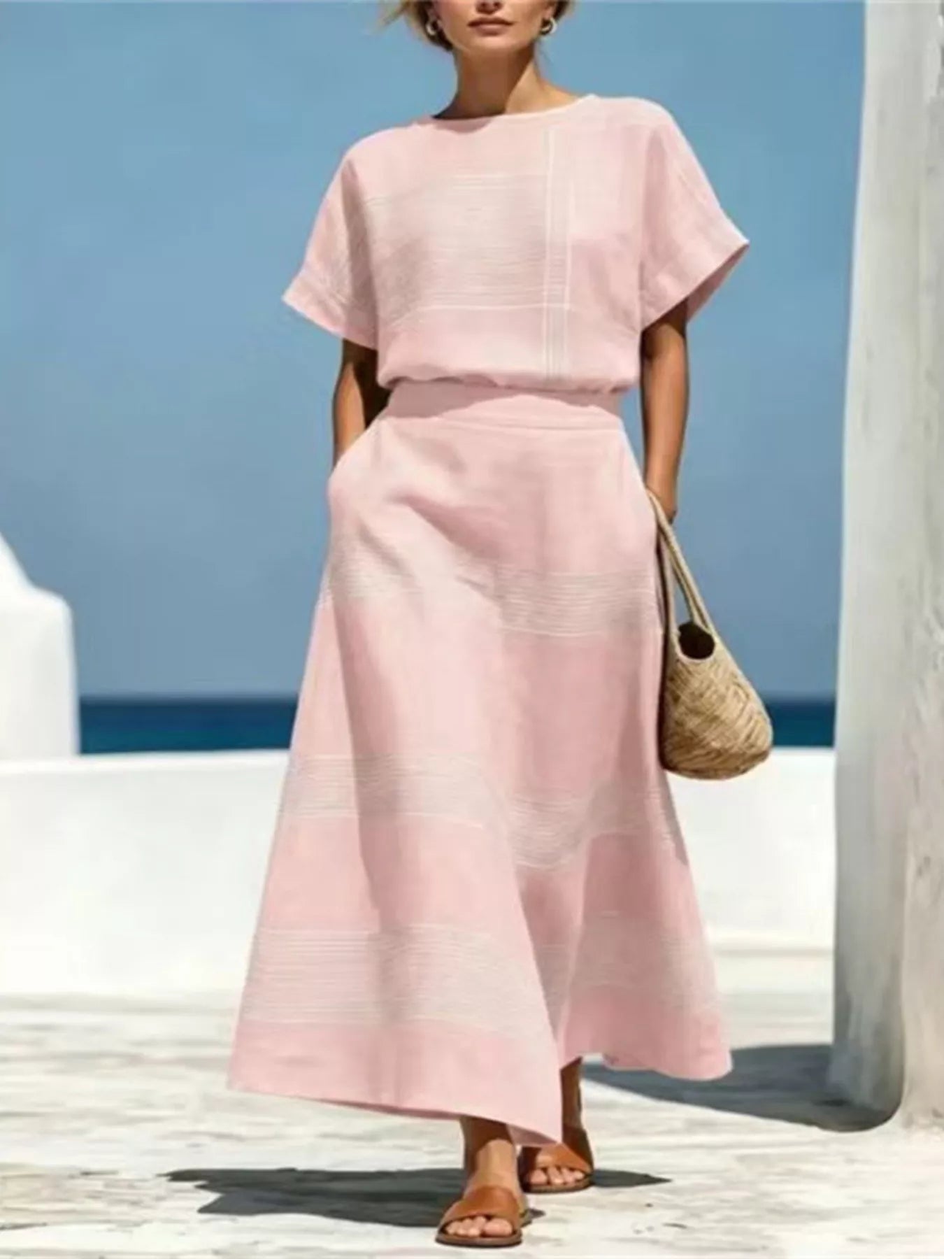 Full Size Striped Round Neck Top and Skirt Set Plus Size designed for comfort and style at Lookzlike