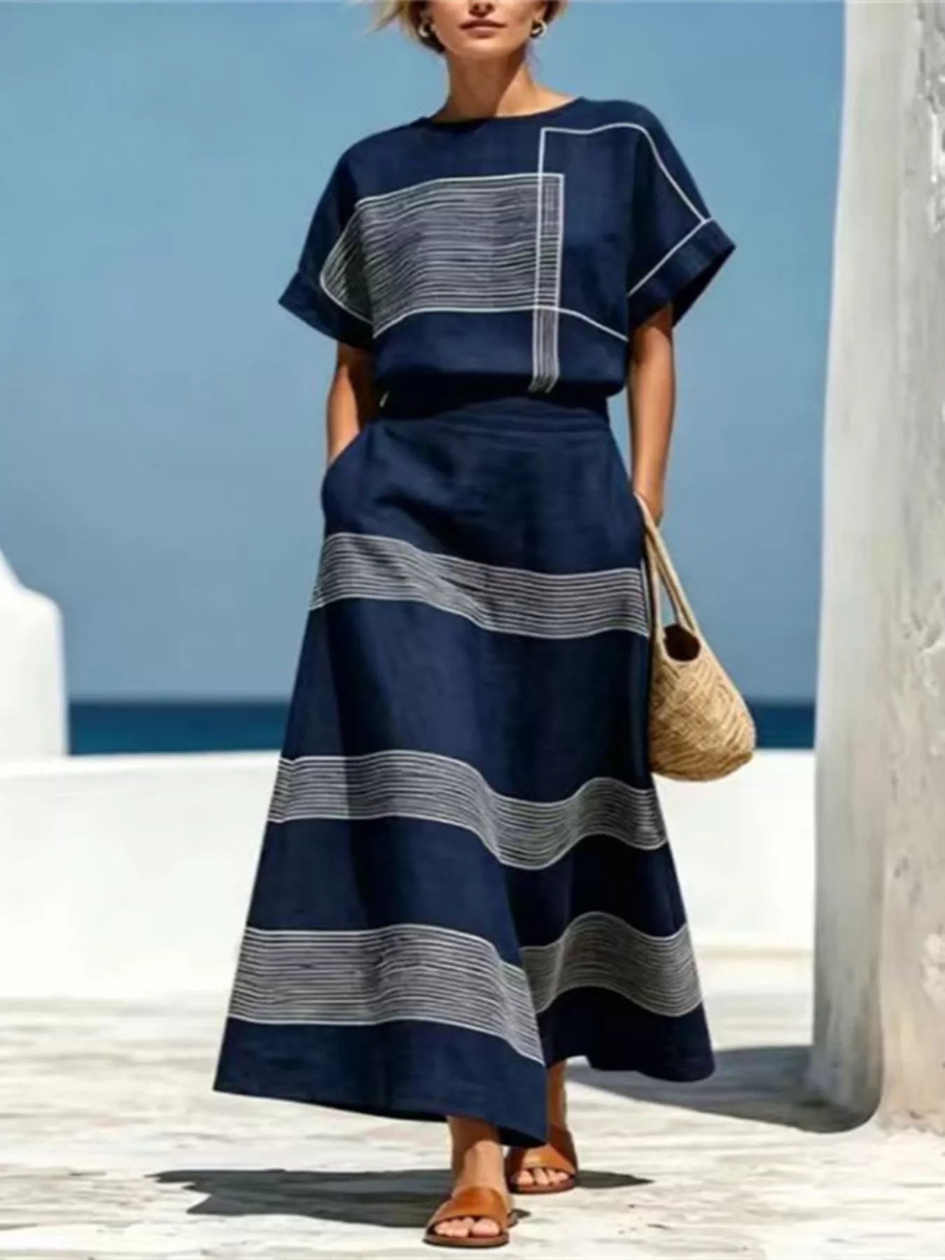 Full Size Striped Round Neck Top and Skirt Set Plus Size designed for comfort and style at Lookzlike