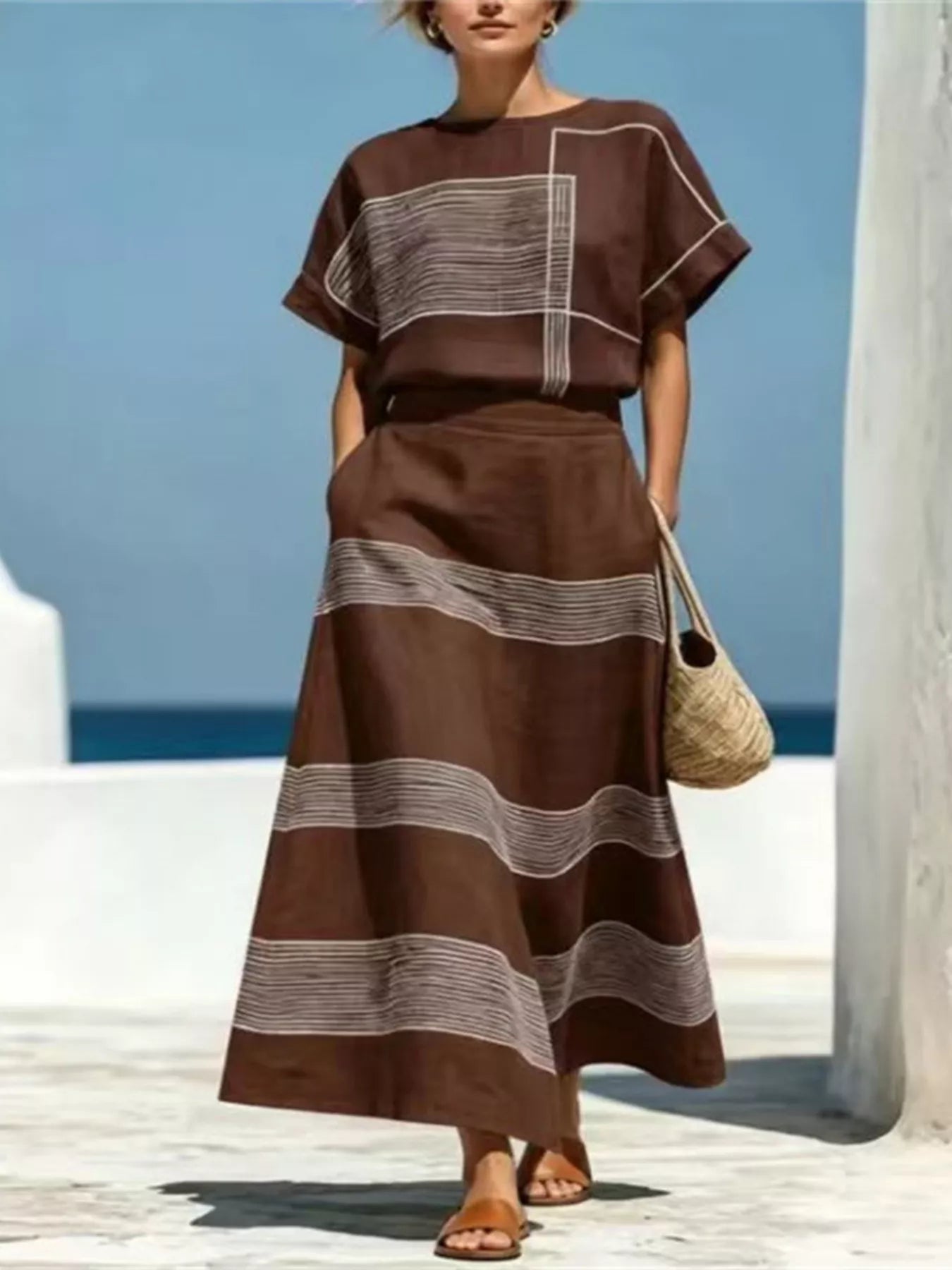 Full Size Striped Round Neck Top and Skirt Set Plus Size designed for comfort and style at Lookzlike