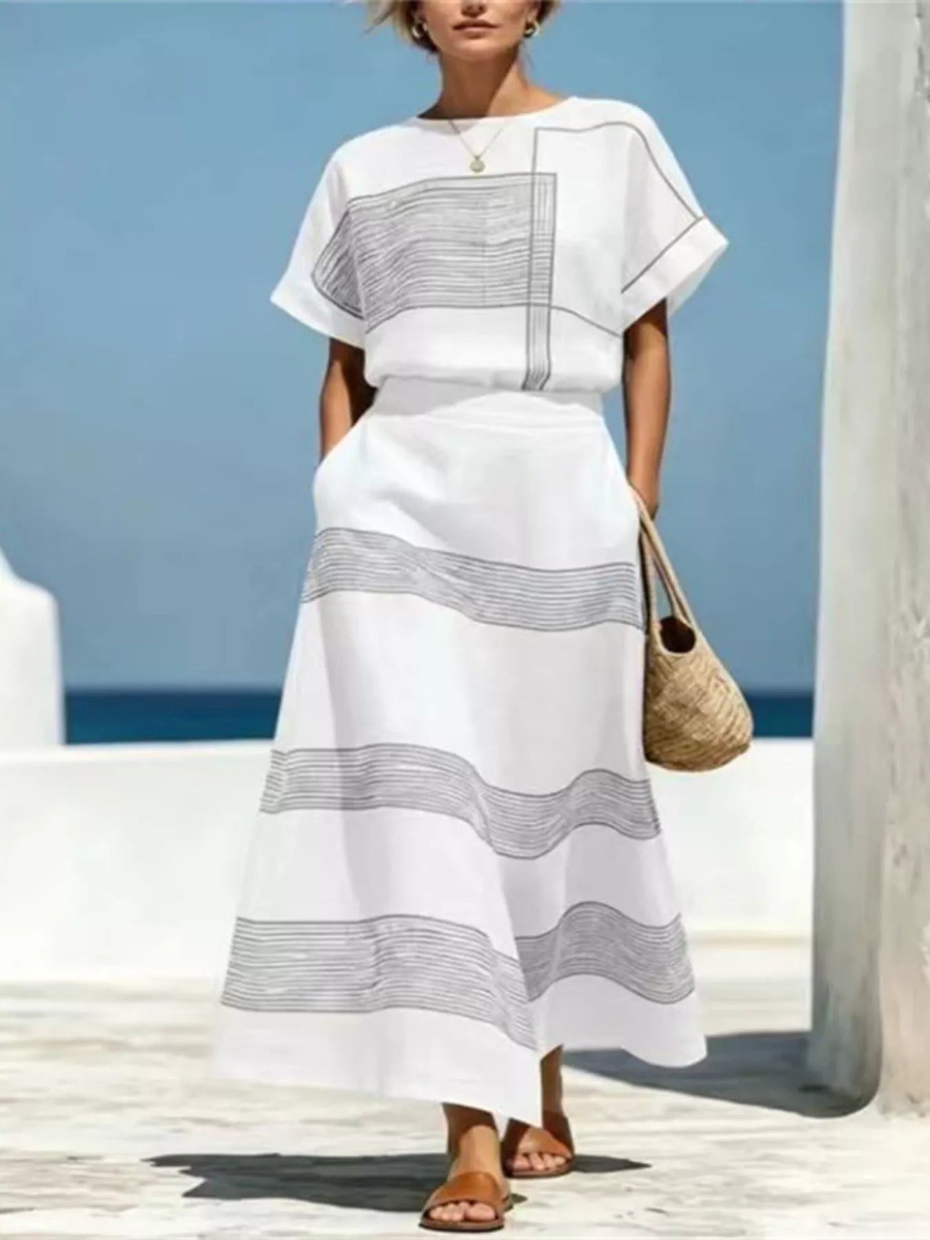 Full Size Striped Round Neck Top and Skirt Set Plus Size designed for comfort and style at Lookzlike