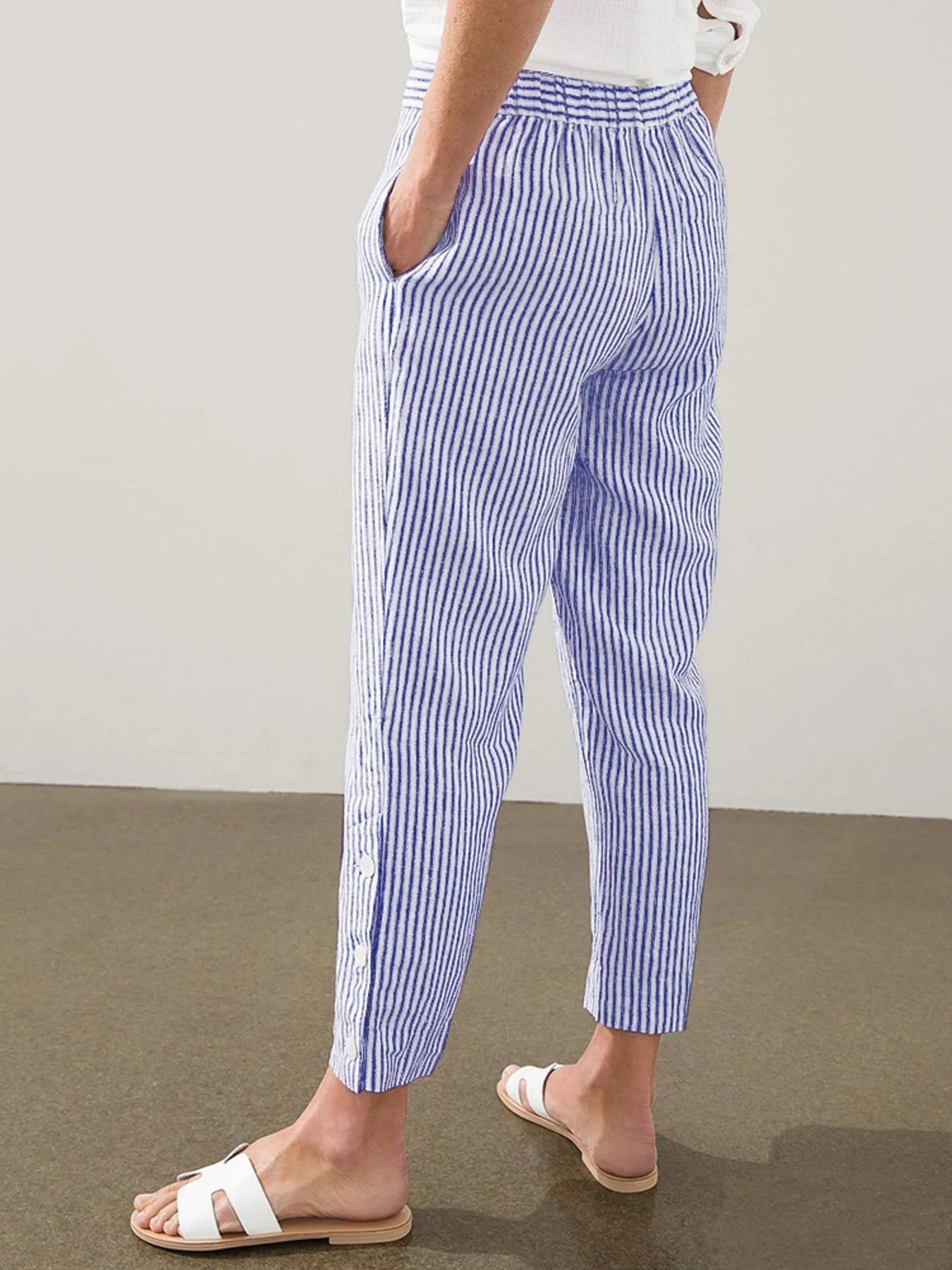 Full Size Striped Side Button Detail Pants Plus Size - Lookzlike