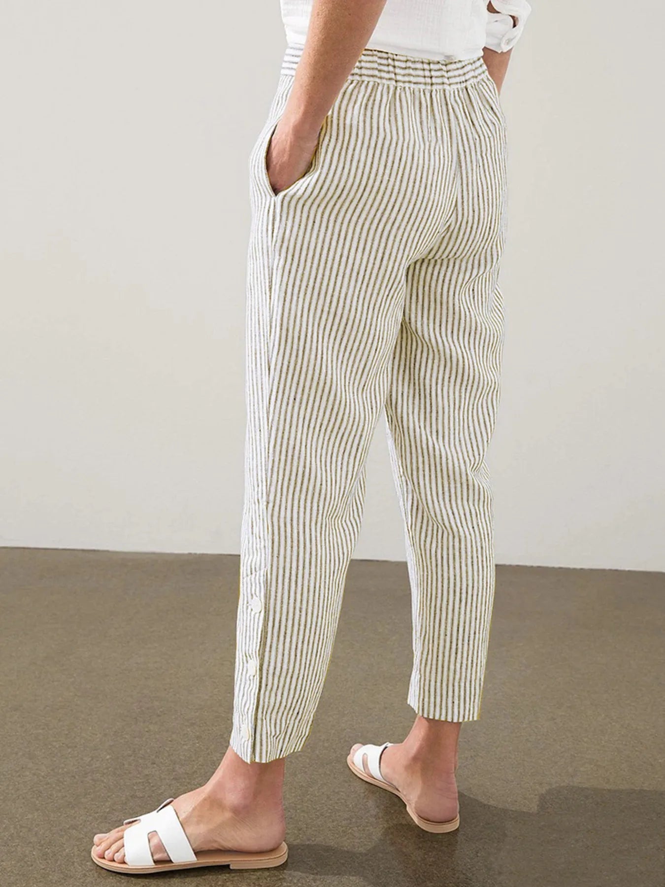Full Size Striped Side Button Detail Pants Plus Size - Lookzlike