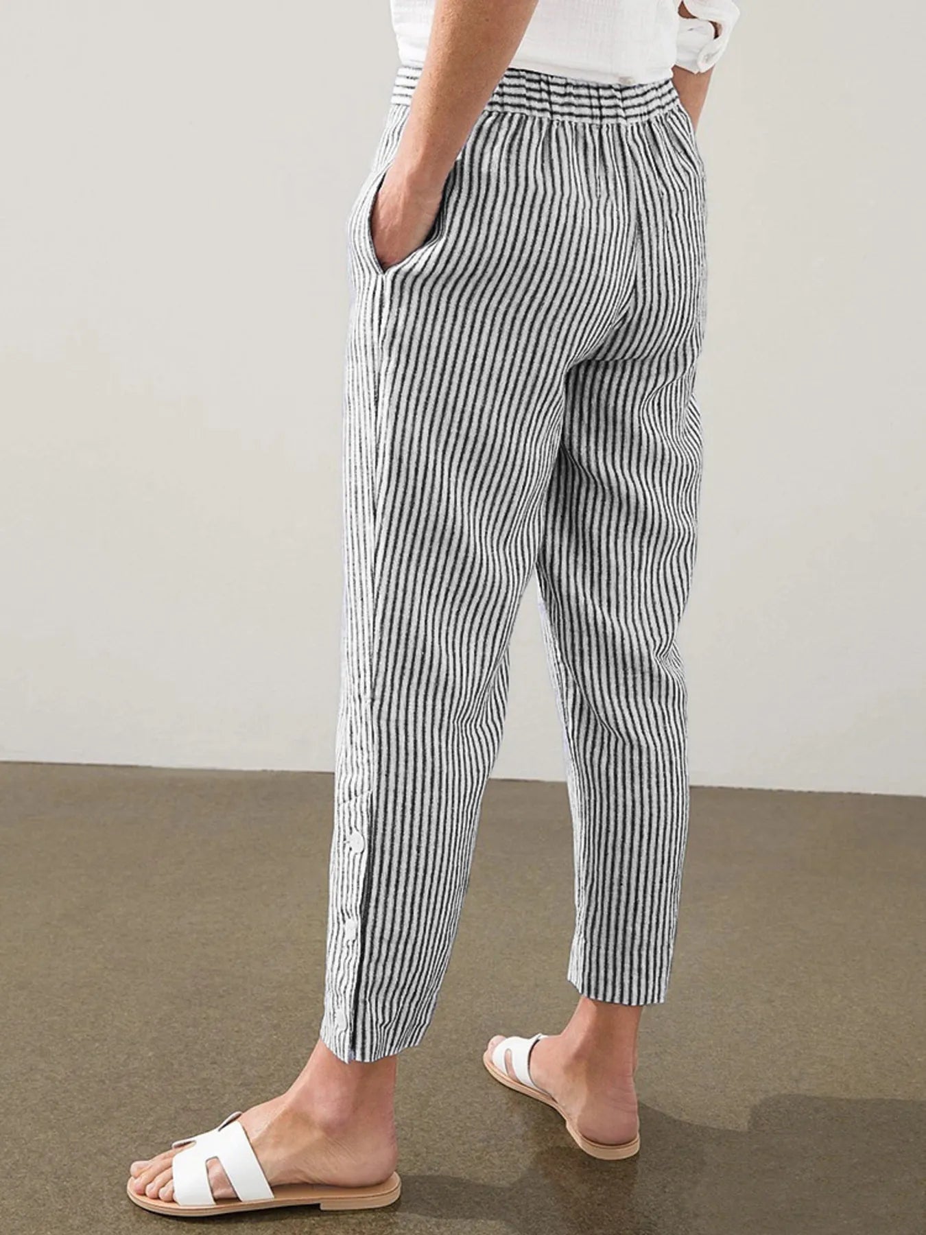 Full Size Striped Side Button Detail Pants Plus Size - Lookzlike