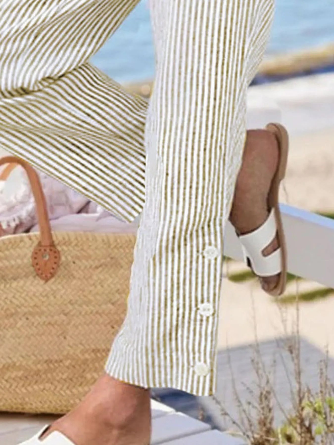 Full Size Striped Side Button Detail Pants Plus Size - Lookzlike
