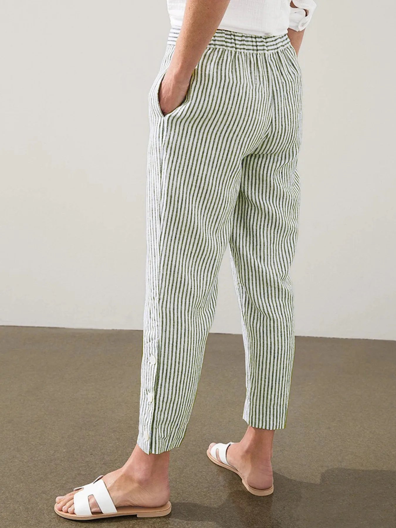 Full Size Striped Side Button Detail Pants Plus Size - Lookzlike