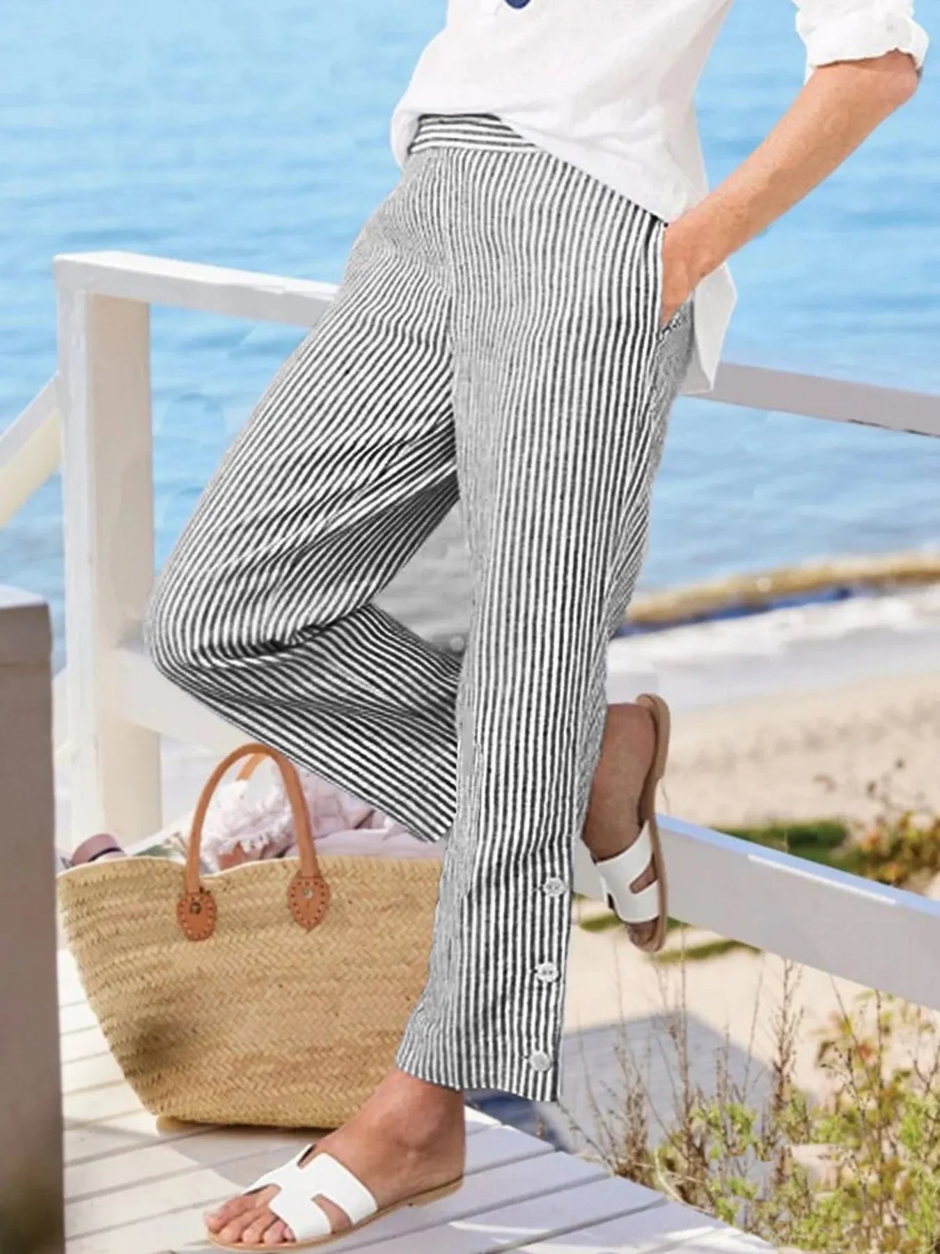 Full Size Striped Side Button Detail Pants Plus Size - Lookzlike