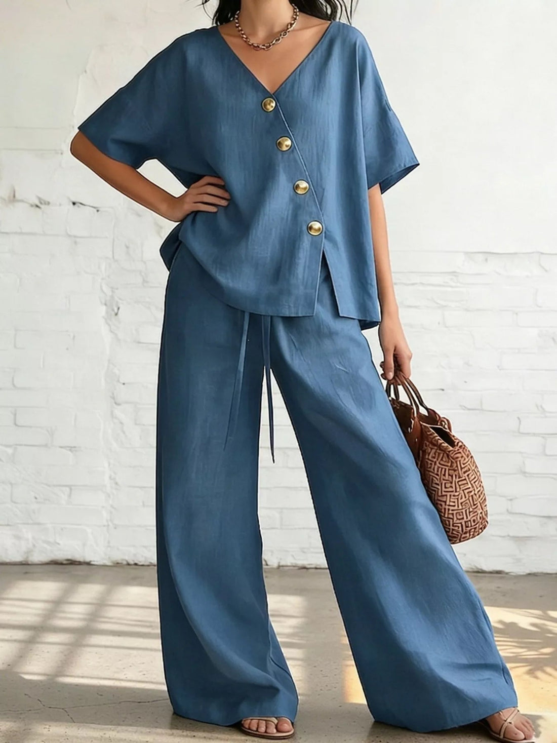 Full Size Surplice Half Sleeve Top and Wide-Leg Pants Set Plus Size designed for comfort and style at Lookzlike