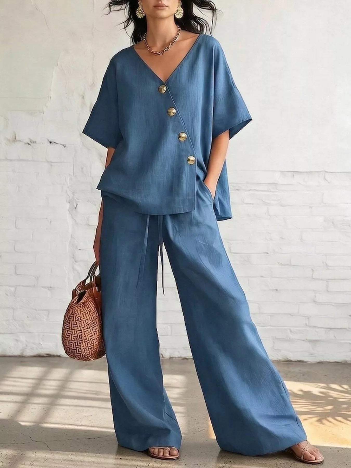 Full Size Surplice Half Sleeve Top and Wide-Leg Pants Set Plus Size designed for comfort and style at Lookzlike