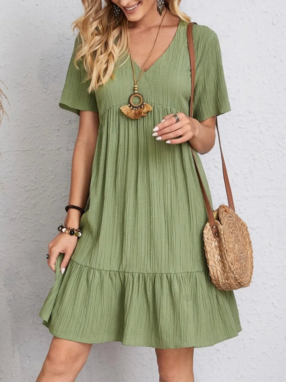 Full Size V-Neck Short Sleeve Dress - Lookzlike
