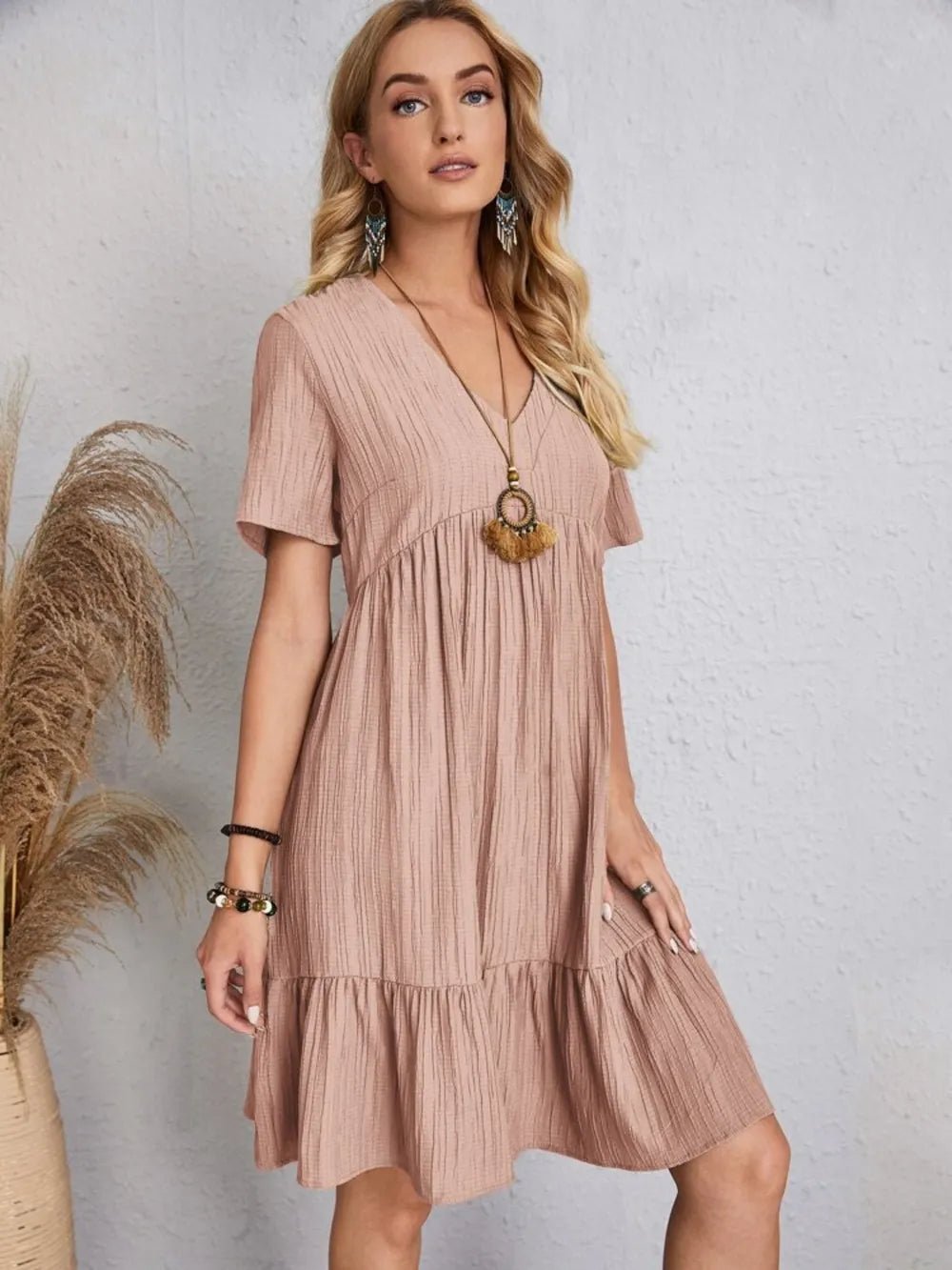 Full Size V-Neck Short Sleeve Dress - Lookzlike