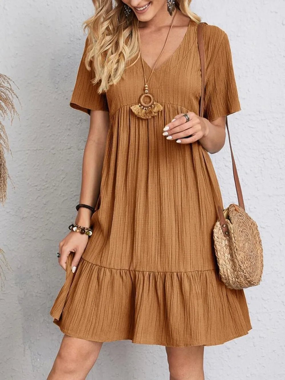 Full Size V-Neck Short Sleeve Dress - Lookzlike