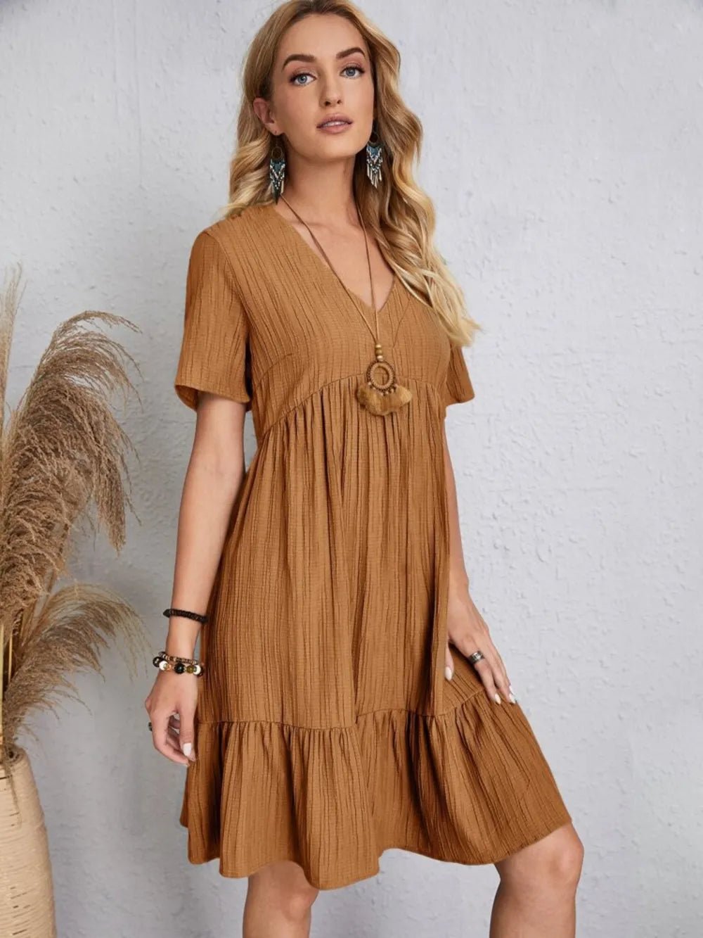 Full Size V-Neck Short Sleeve Dress - Lookzlike