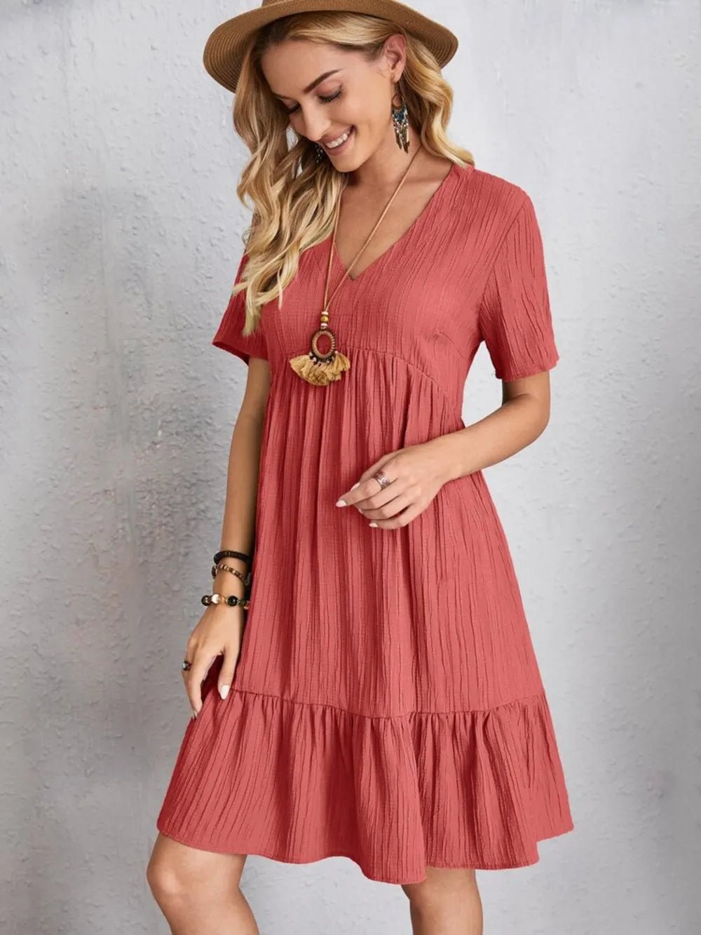Full Size V-Neck Short Sleeve Dress - Lookzlike