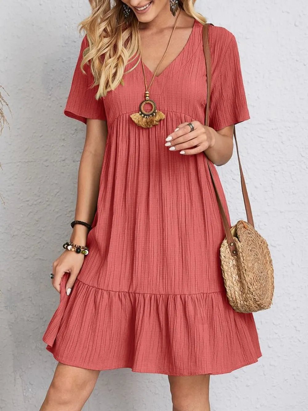 Full Size V-Neck Short Sleeve Dress - Lookzlike