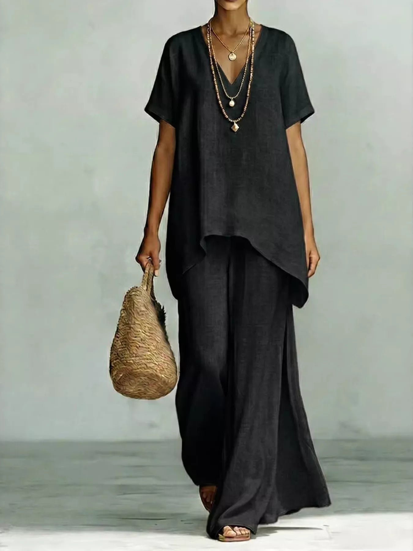 Full Size V-Neck Top and Wide-Leg Pants Set Plus Size designed for comfort and style at Lookzlike