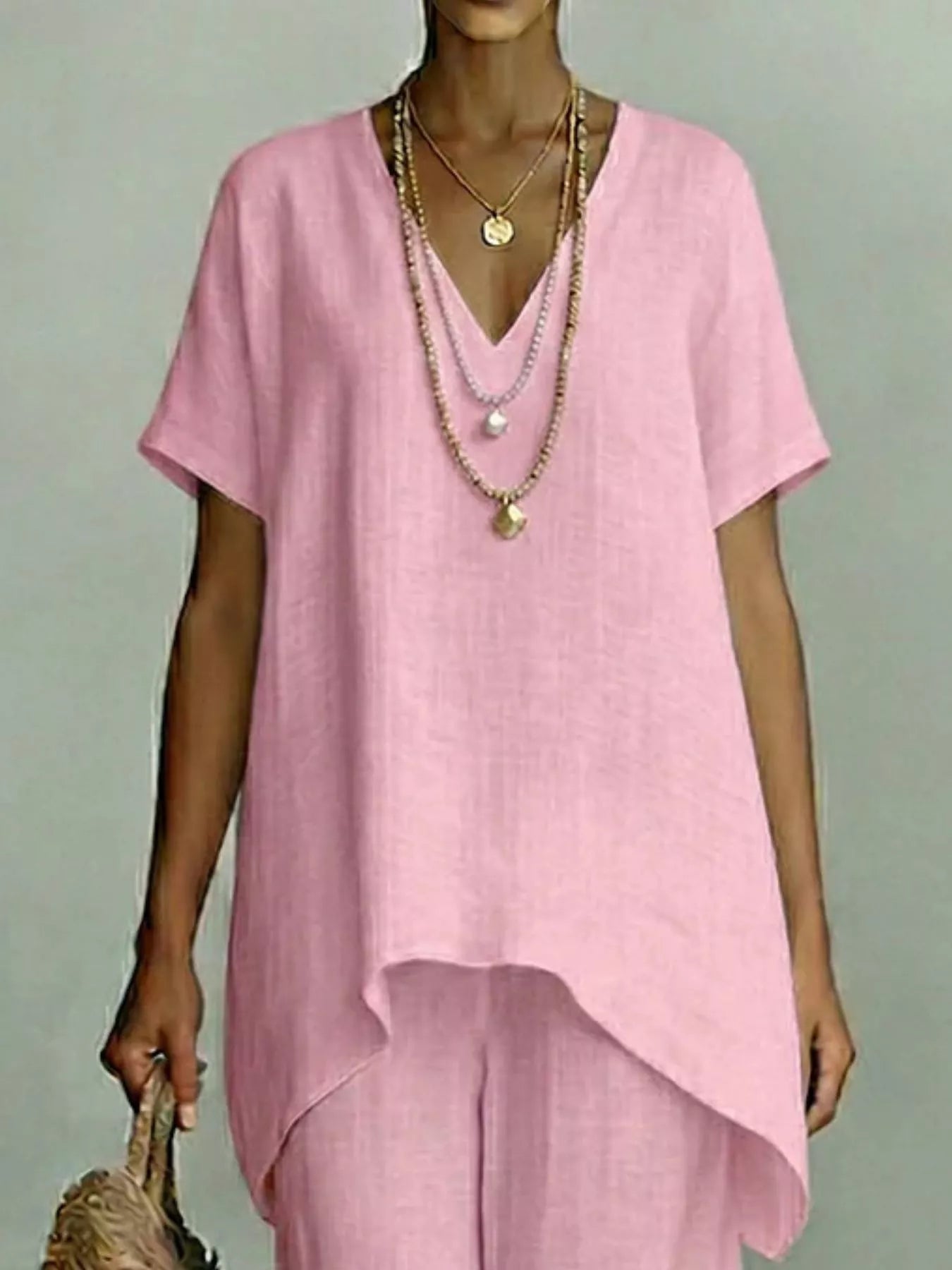 Full Size V-Neck Top and Wide-Leg Pants Set Plus Size designed for comfort and style at Lookzlike