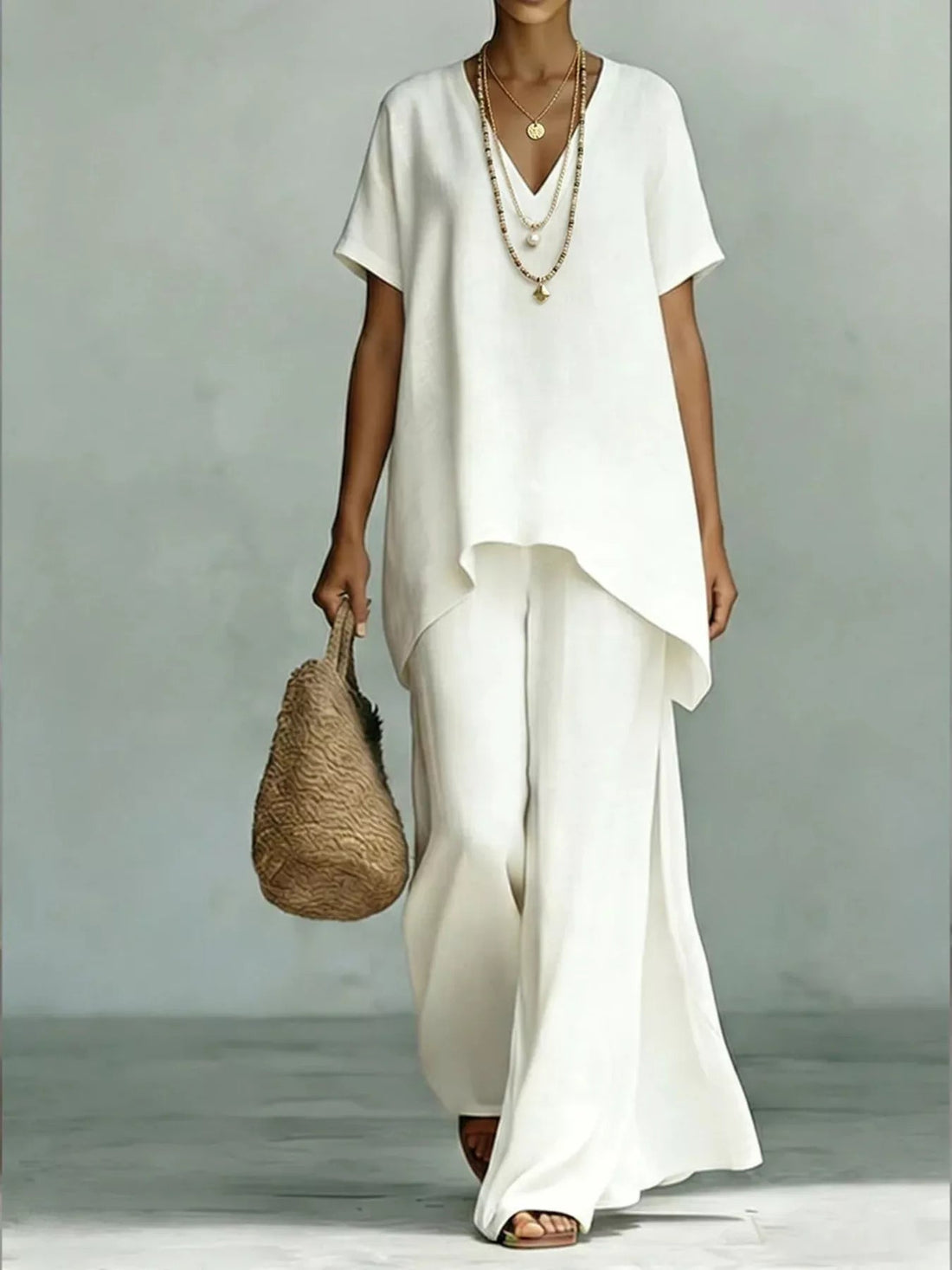 Full Size V-Neck Top and Wide-Leg Pants Set Plus Size designed for comfort and style at Lookzlike