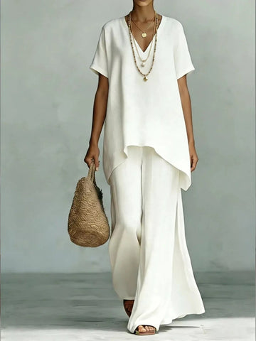 Full Size V-Neck Top and Wide-Leg Pants Set Plus Size designed for comfort and style at Lookzlike