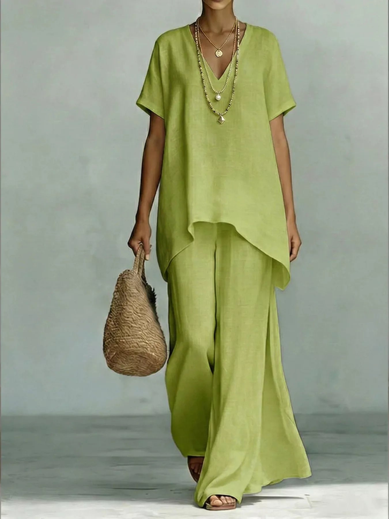 Full Size V-Neck Top and Wide-Leg Pants Set Plus Size designed for comfort and style at Lookzlike