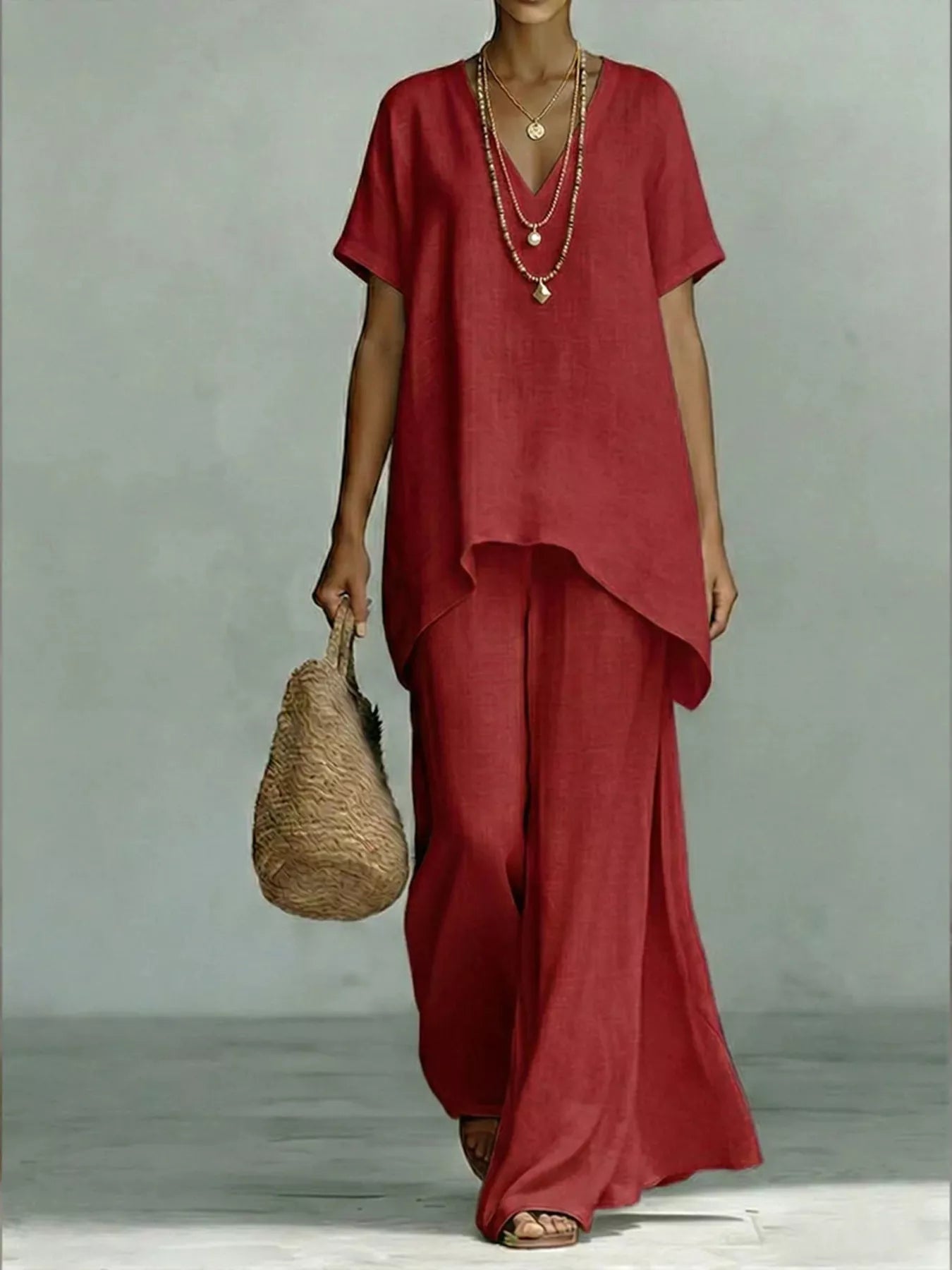 Full Size V-Neck Top and Wide-Leg Pants Set Plus Size designed for comfort and style at Lookzlike