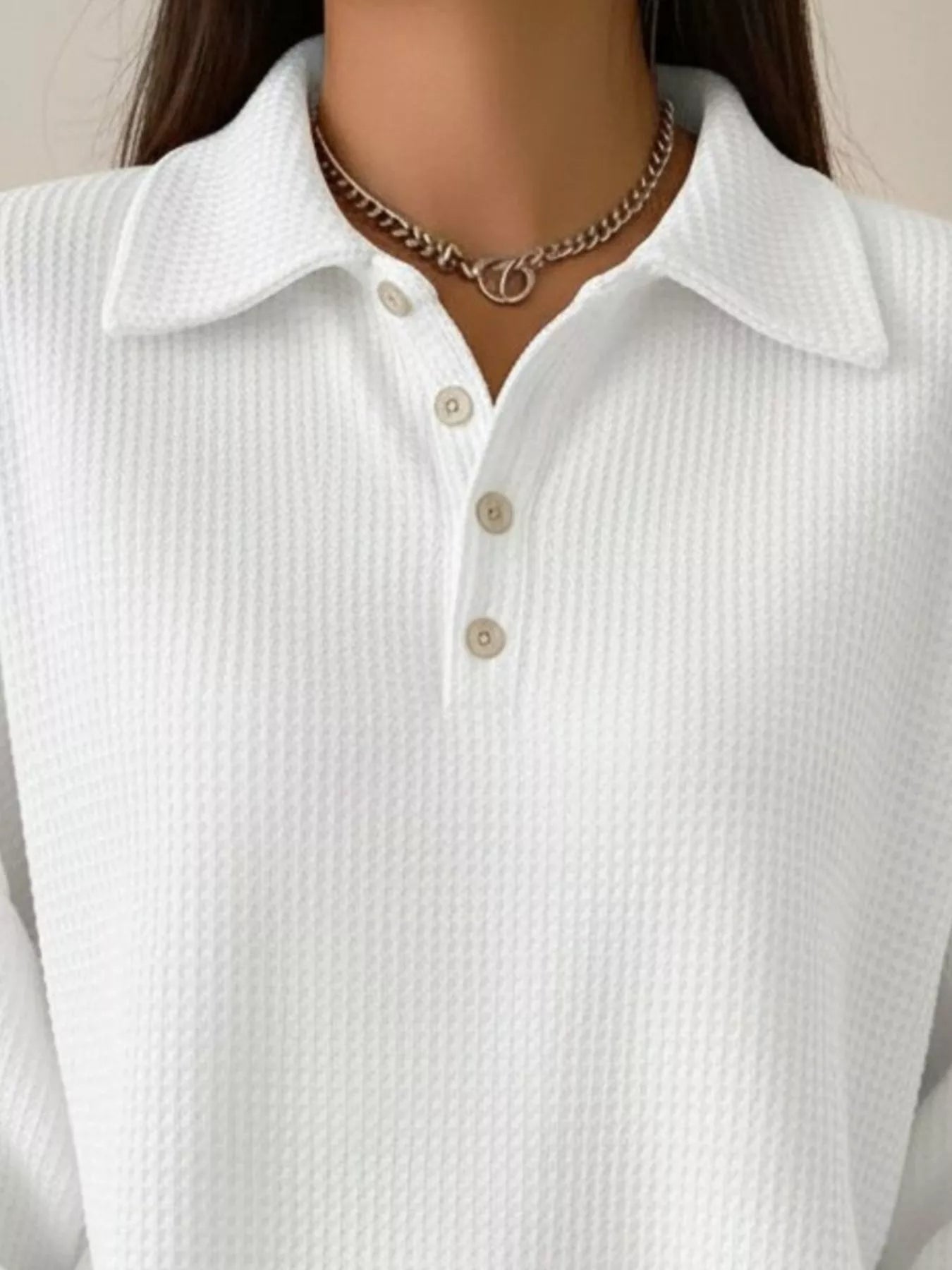 Full Size Waffle Knit Button Detail Sweatshirt Plus Size designed for comfort and style at Lookzlike