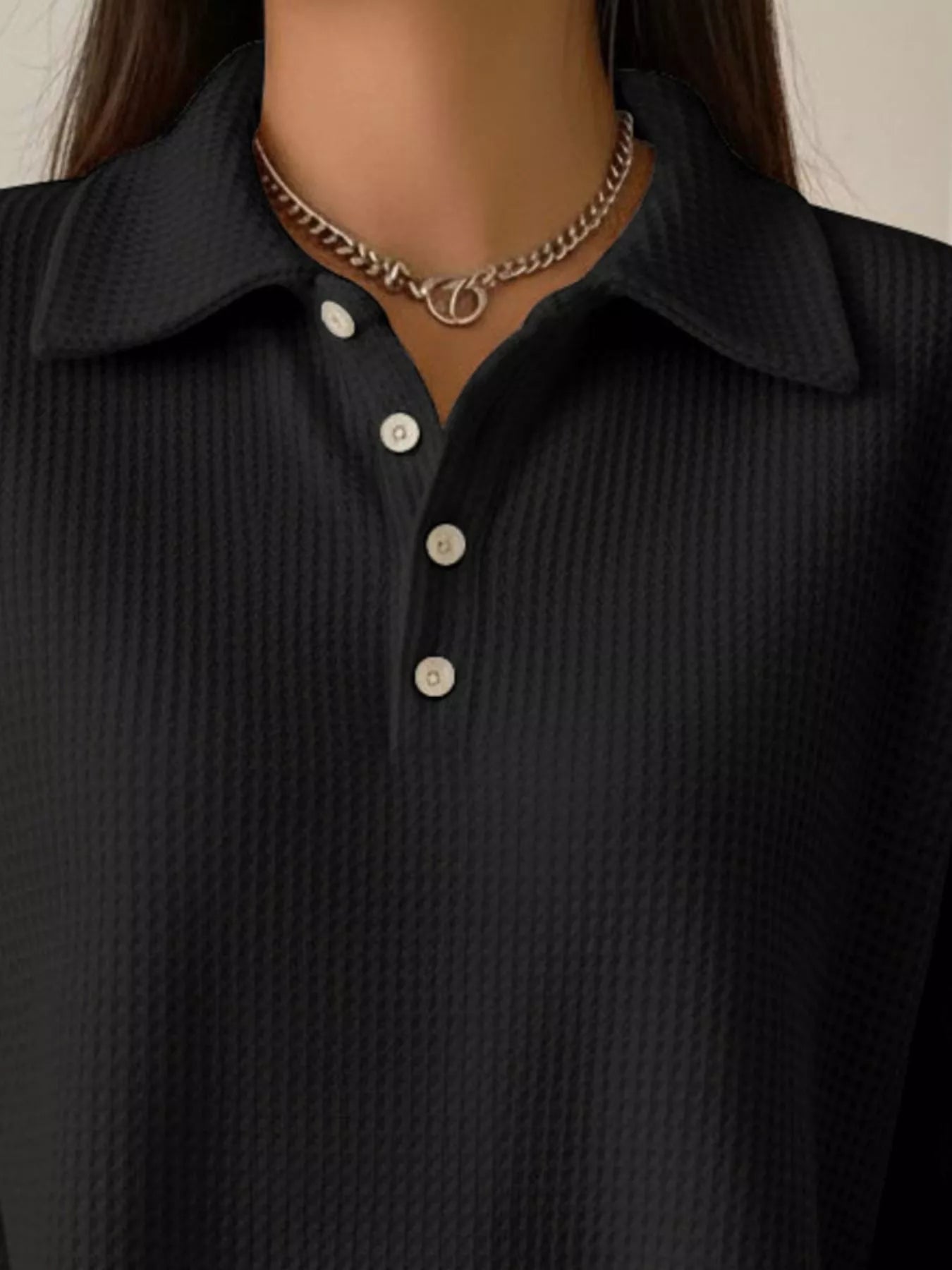 Full Size Waffle Knit Button Detail Sweatshirt Plus Size designed for comfort and style at Lookzlike