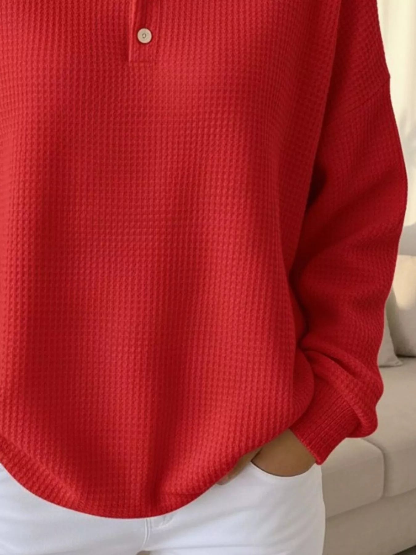Full Size Waffle Knit Button Detail Sweatshirt Plus Size designed for comfort and style at Lookzlike