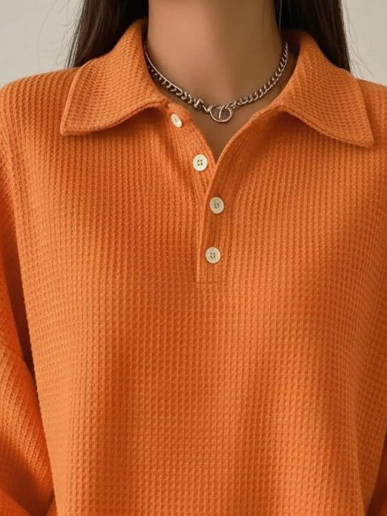 Full Size Waffle Knit Button Detail Sweatshirt Plus Size designed for comfort and style at Lookzlike