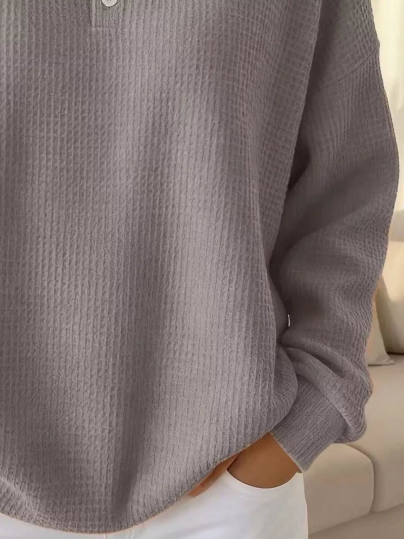 Full Size Waffle Knit Button Detail Sweatshirt Plus Size designed for comfort and style at Lookzlike