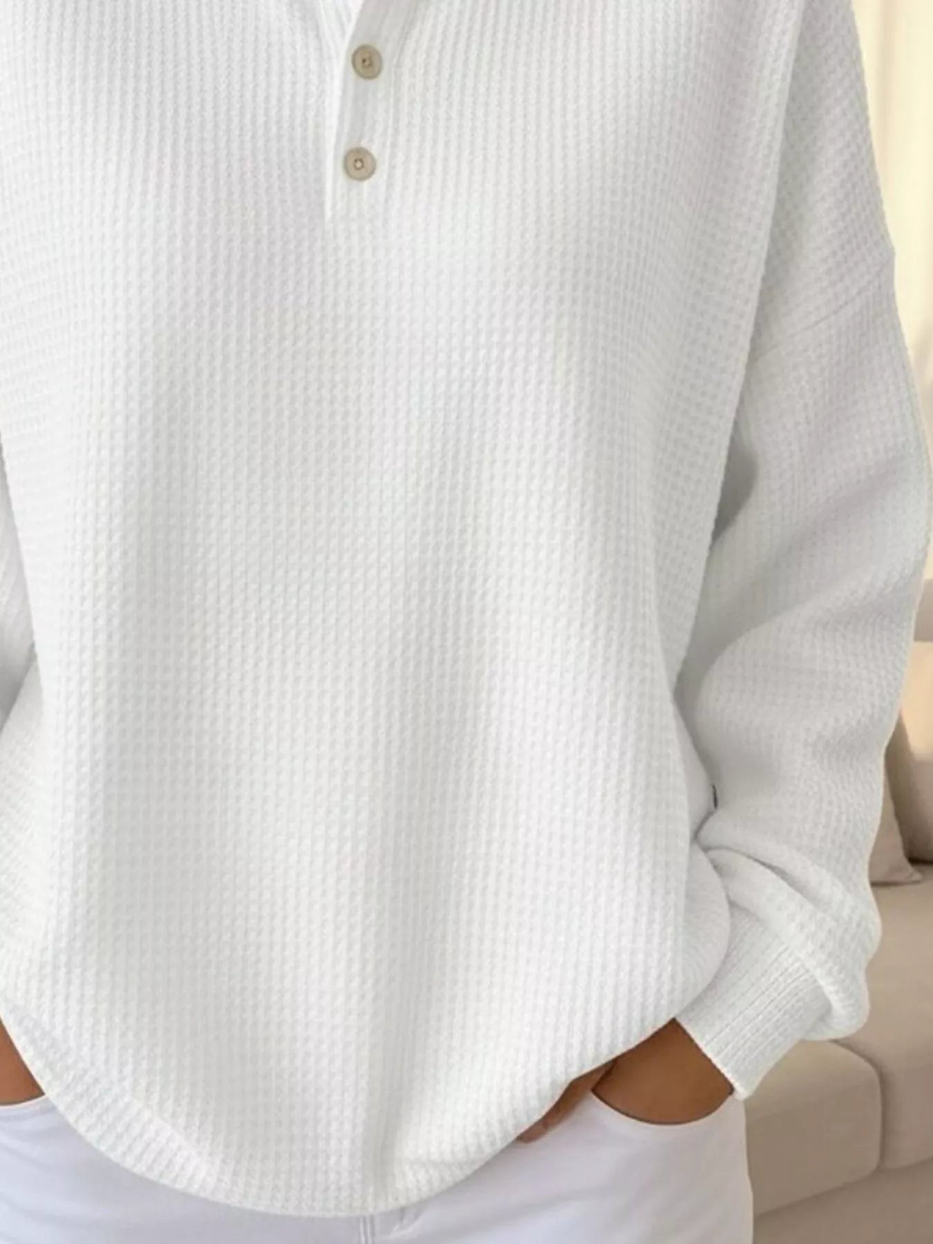 Full Size Waffle Knit Button Detail Sweatshirt Plus Size designed for comfort and style at Lookzlike