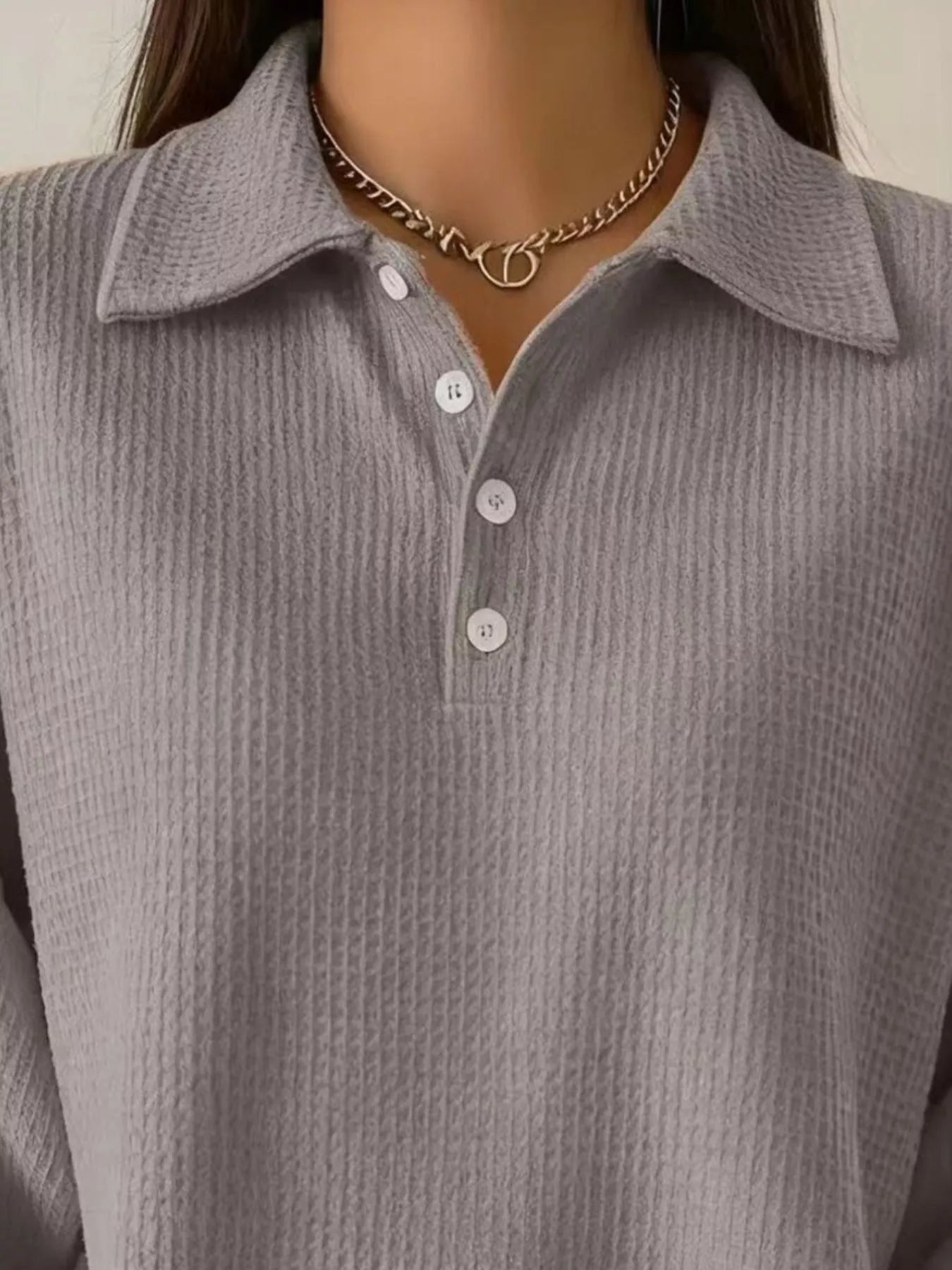 Full Size Waffle Knit Button Detail Sweatshirt Plus Size designed for comfort and style at Lookzlike