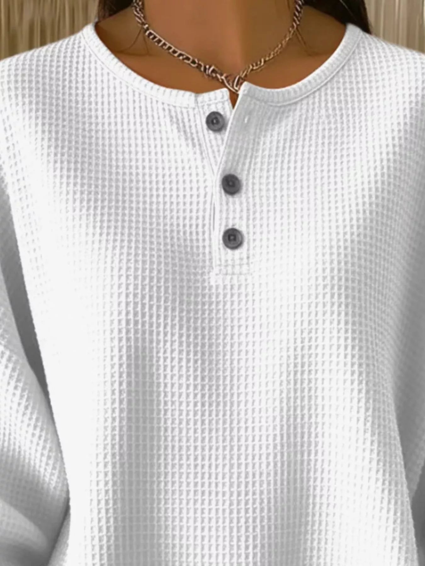 Full Size Waffle Knit Button Detail Top Plus Size designed for comfort and style at Lookzlike