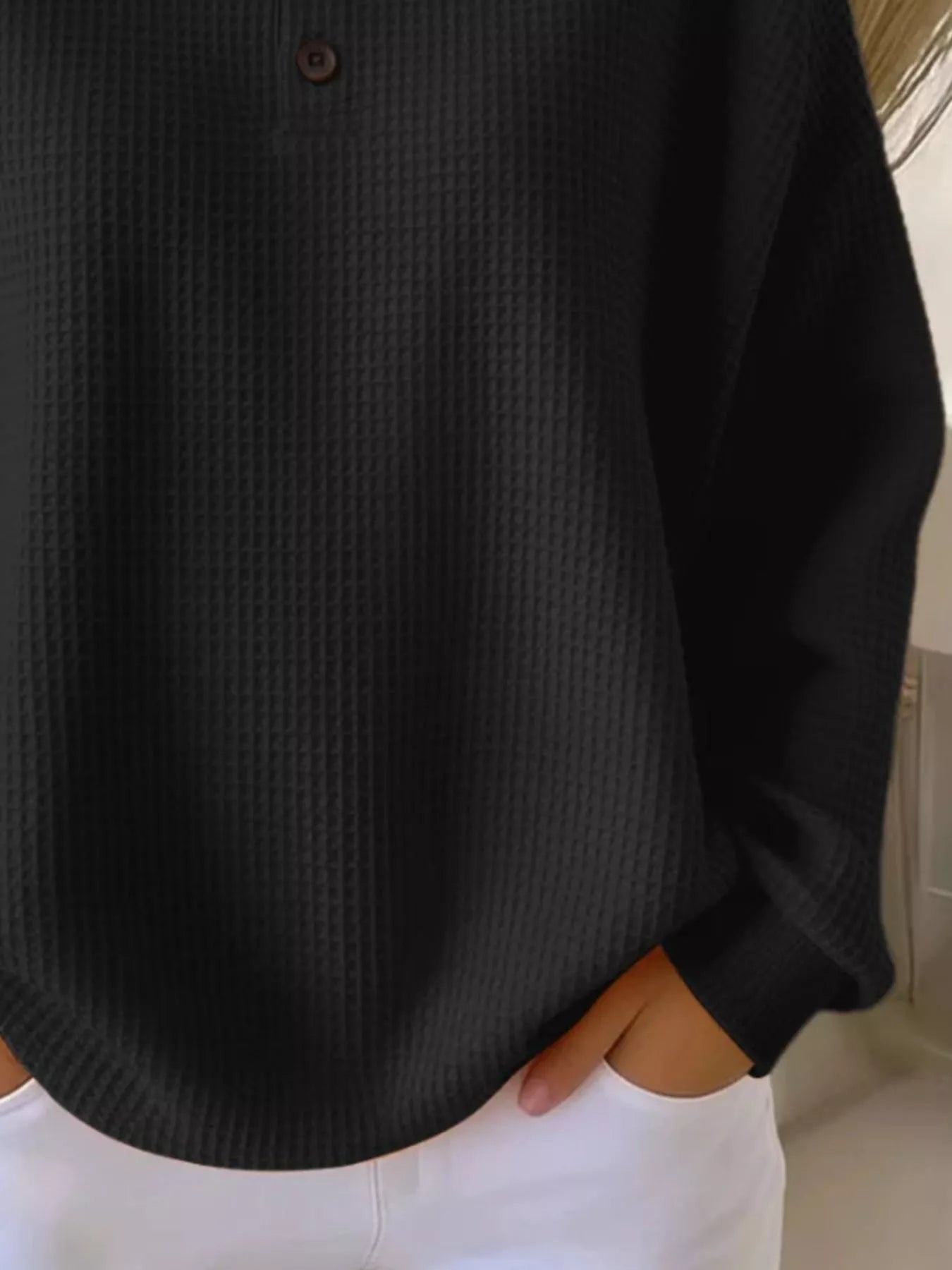 Full Size Waffle Knit Button Detail Top Plus Size designed for comfort and style at Lookzlike