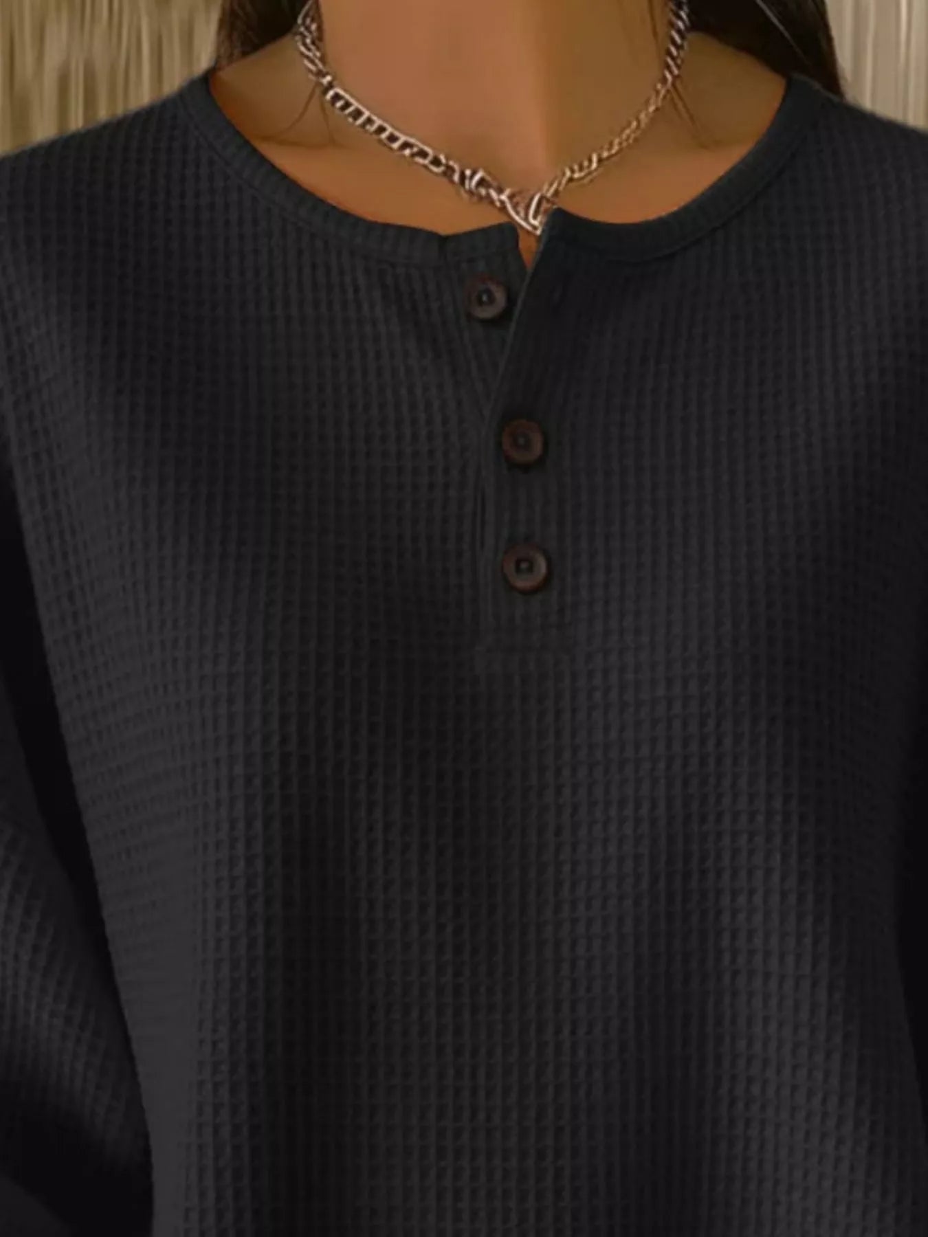 Full Size Waffle Knit Button Detail Top Plus Size designed for comfort and style at Lookzlike