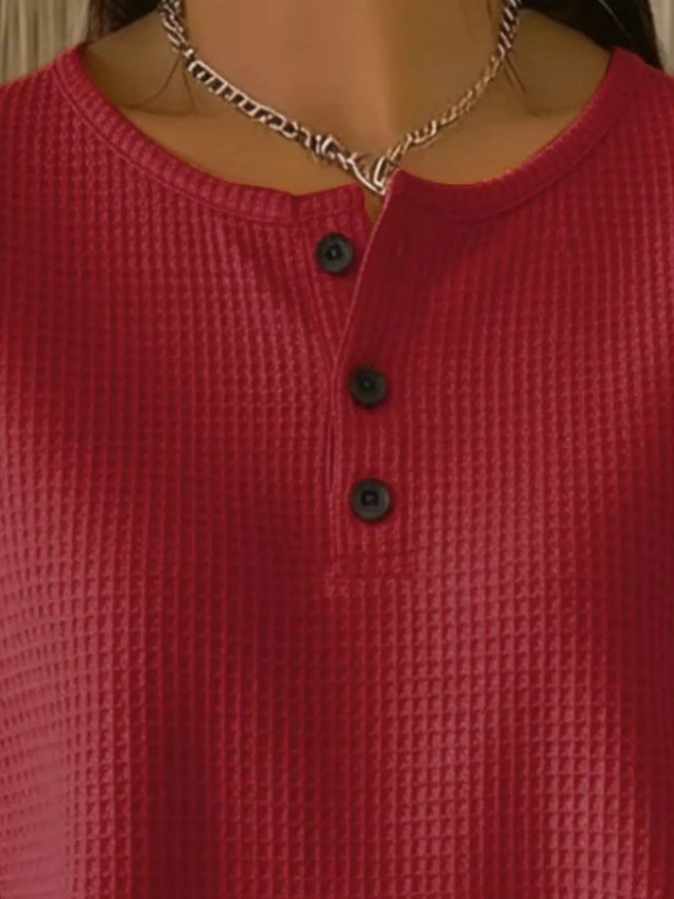 Full Size Waffle Knit Button Detail Top Plus Size designed for comfort and style at Lookzlike