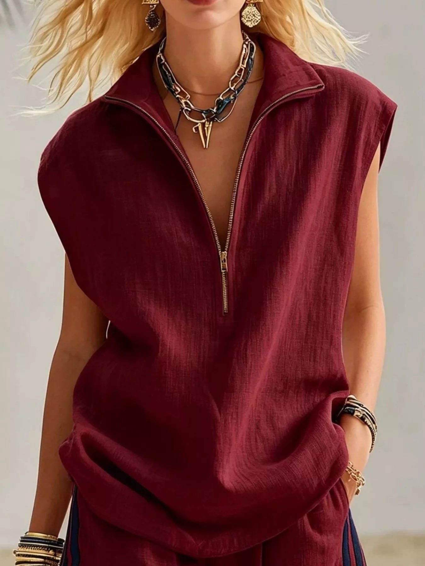 Full Size Zip Front Sleeveless Top and Striped Shorts Set Plus Size designed for comfort and style at Lookzlike